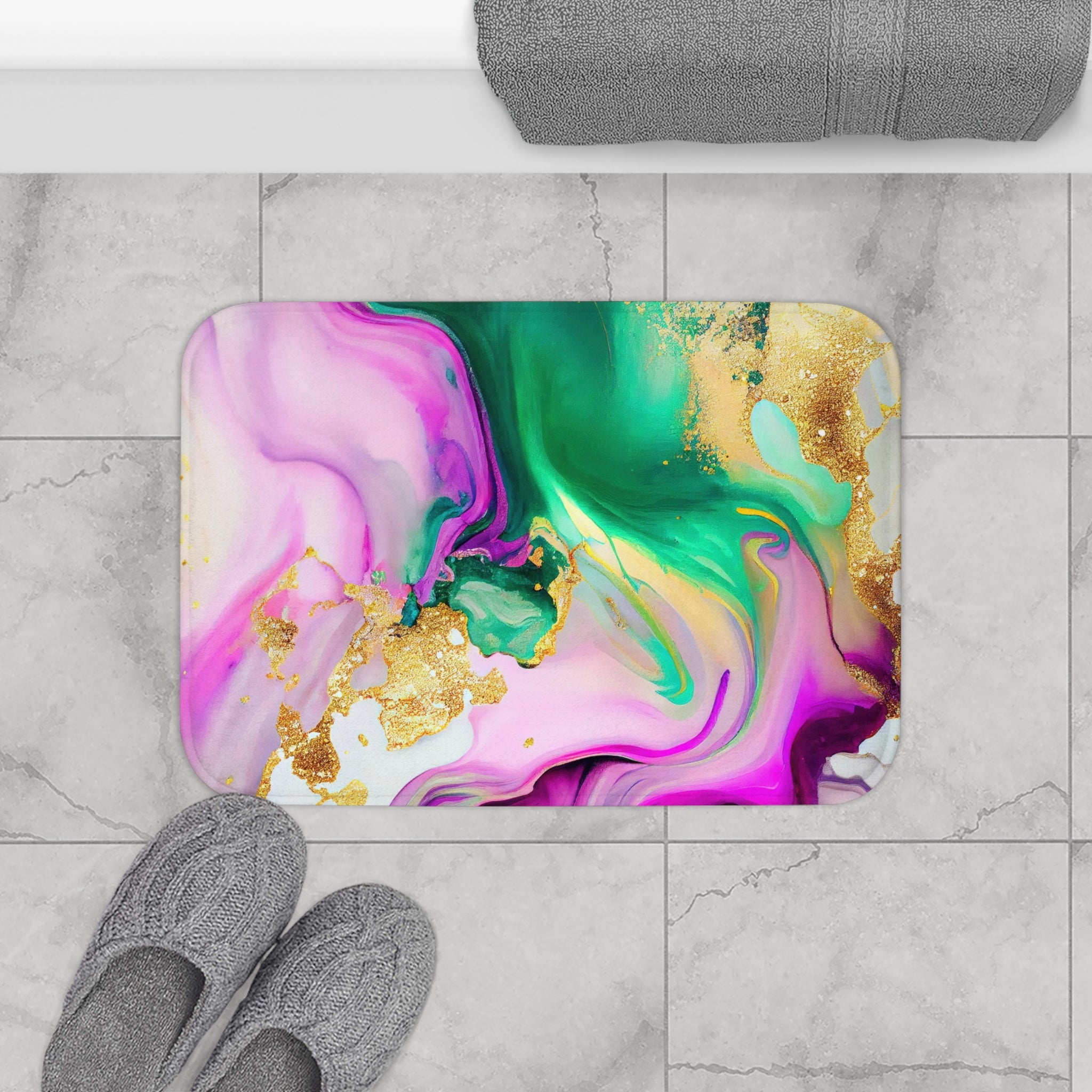 Abstract Bath Mat | Marble Pink Green Gold