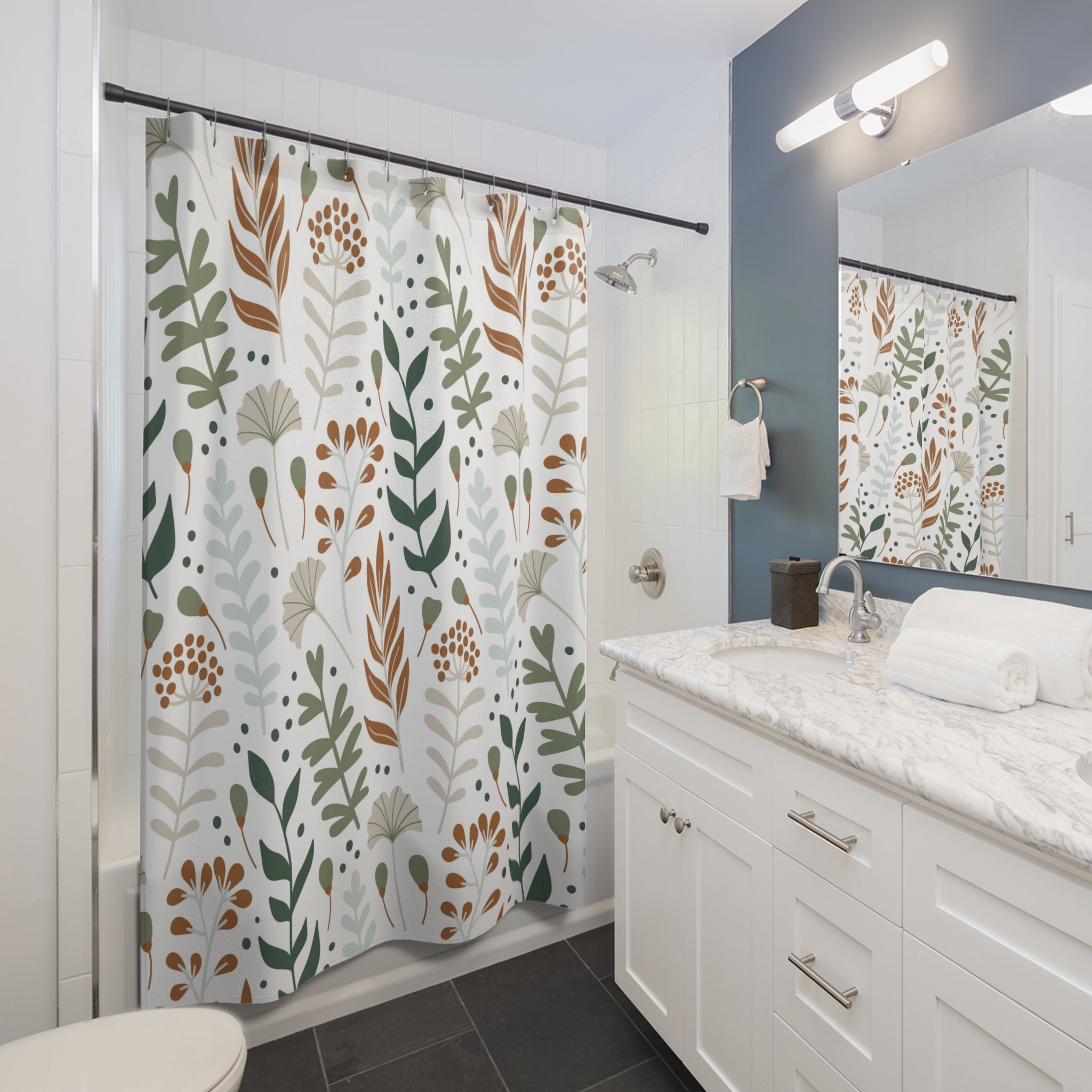 Boho Floral Shower Curtain | Fall Autumn Sage Green, Rust White Leaves