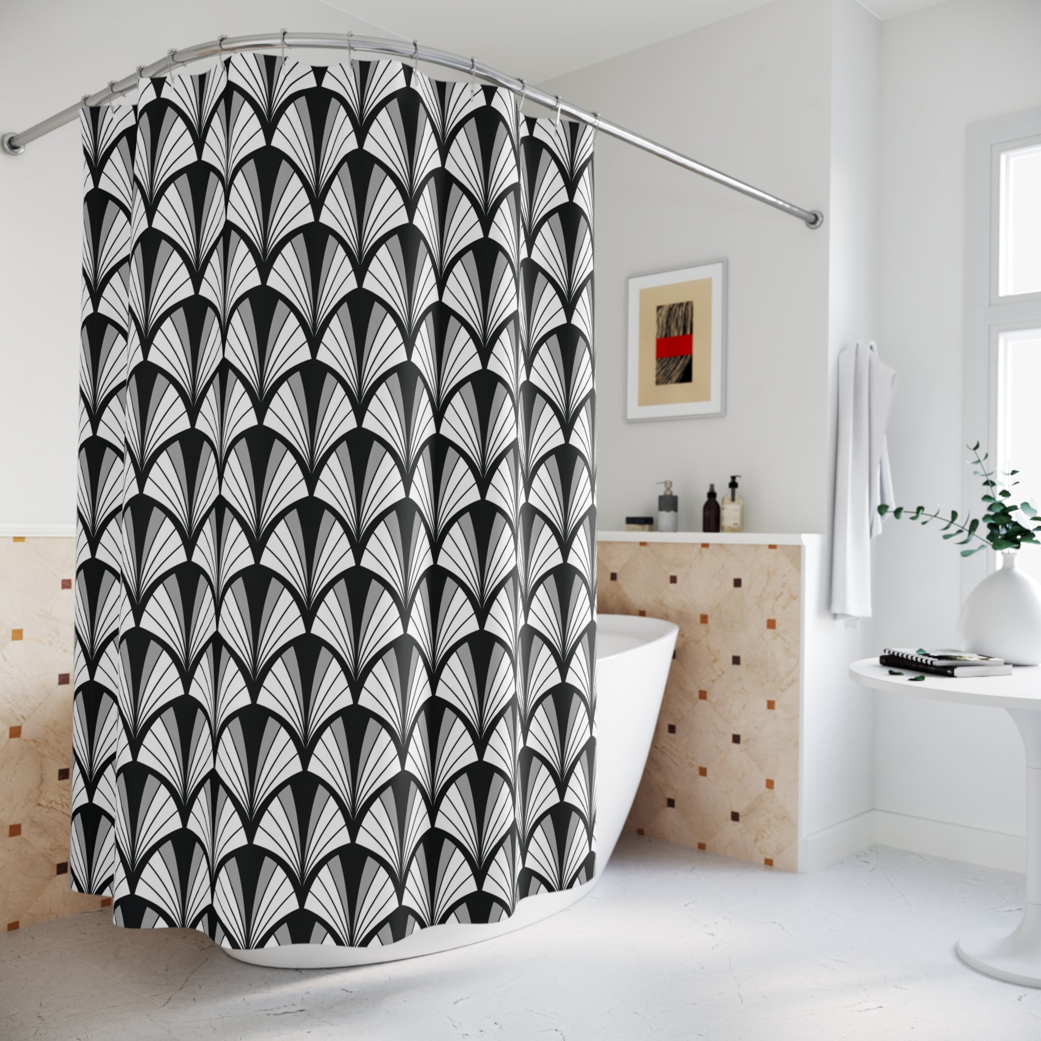 Boho Art Deco Shower Curtain | Black White Art Nouveau