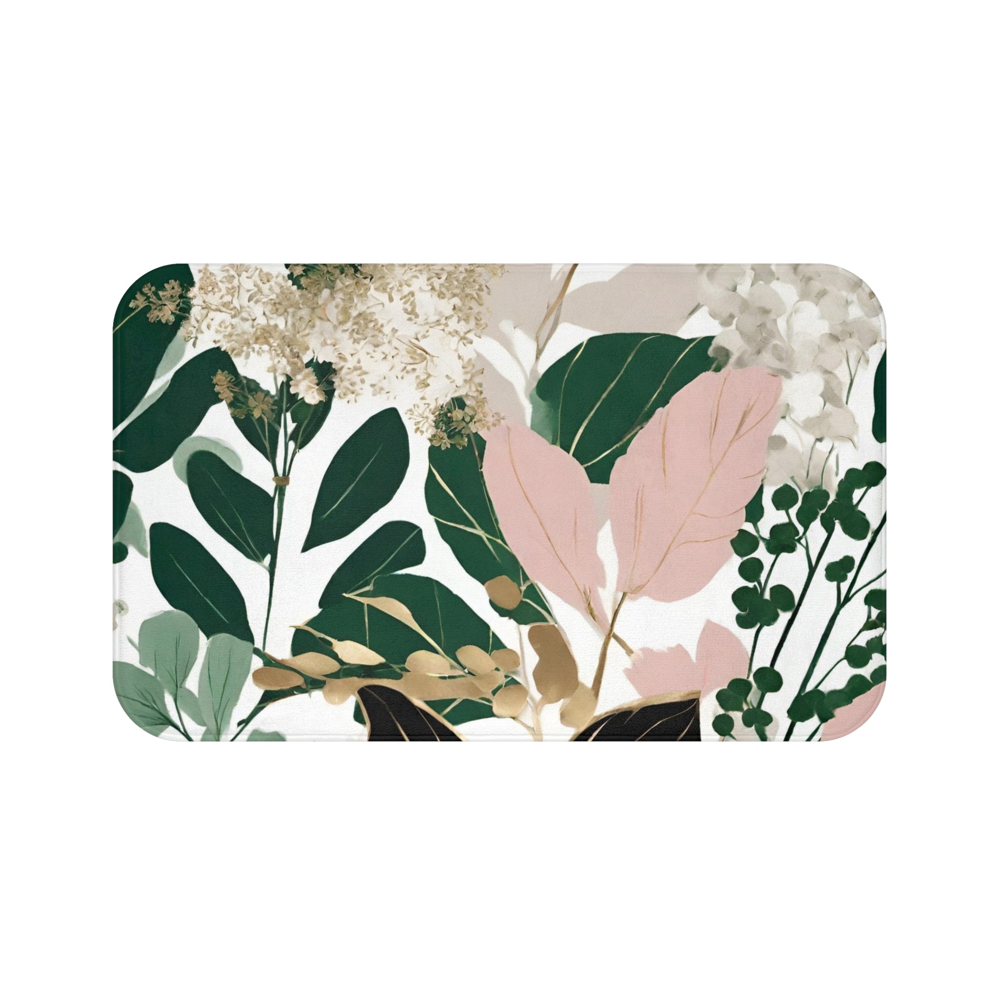 Floral Bath Mat | White, Beige, Emerald Green, Pink Leaves