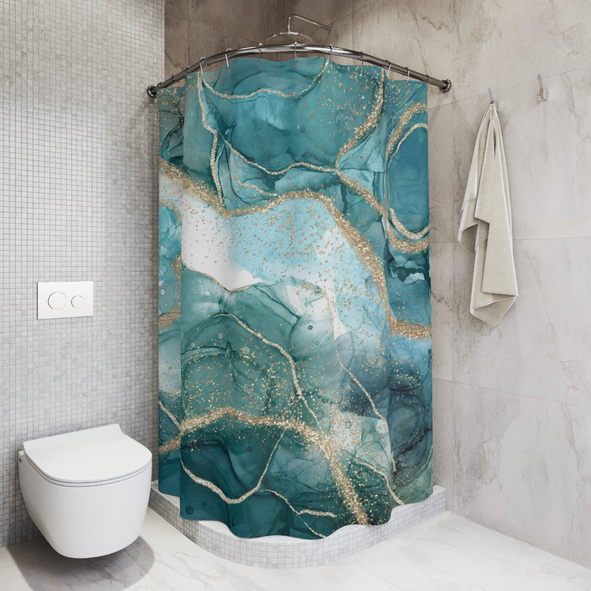 Liquid Ink Shower Curtain | Teal Non Foil Gold