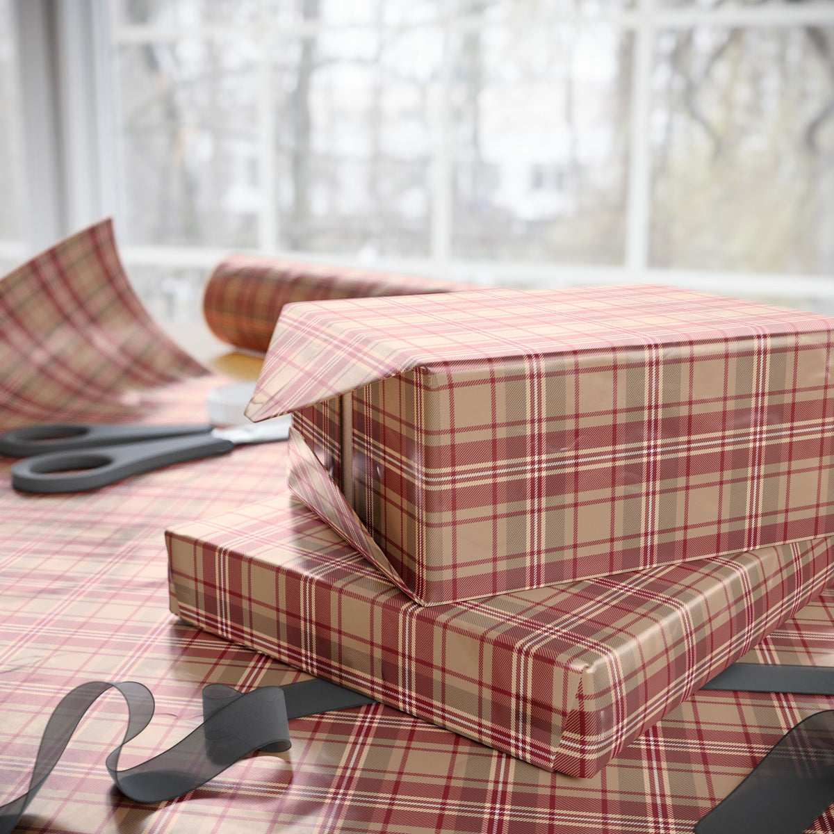 Red Tan Tartan Plaid Christmas Wrapping Paper, Gift Wrap