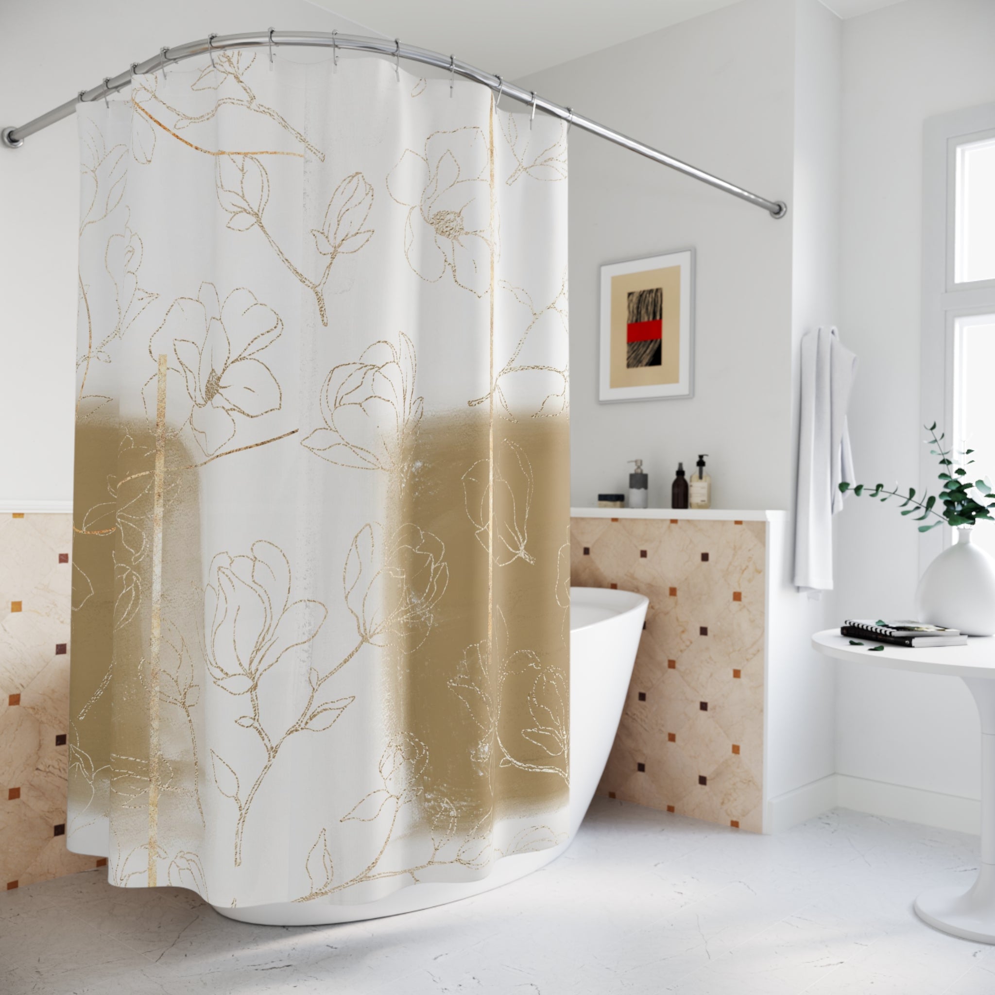 Boho Abstract Shower Curtain | Camel Beige White Floral Line Art