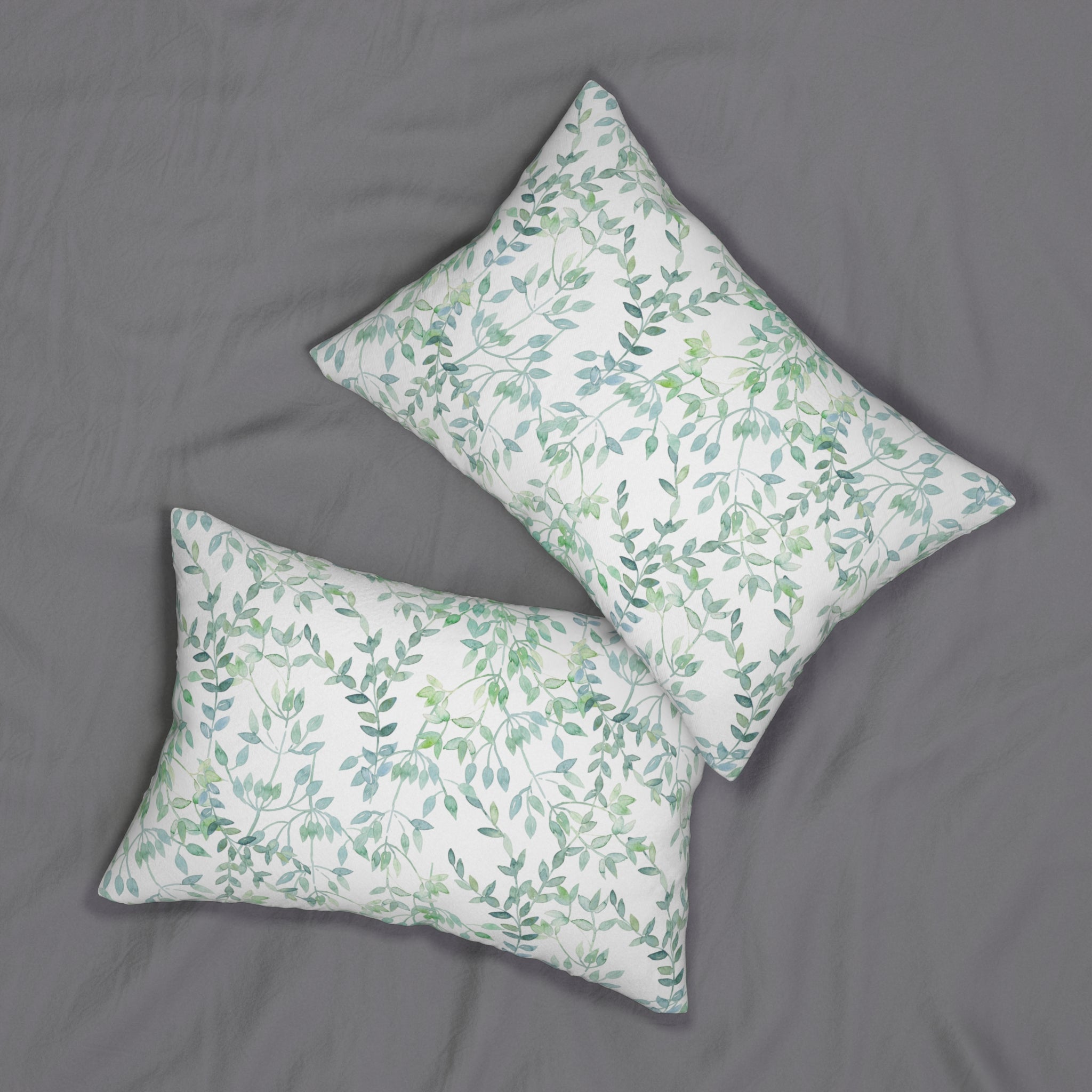 Floral Lumbar Pillow | Sage Teal Green, White Leaves