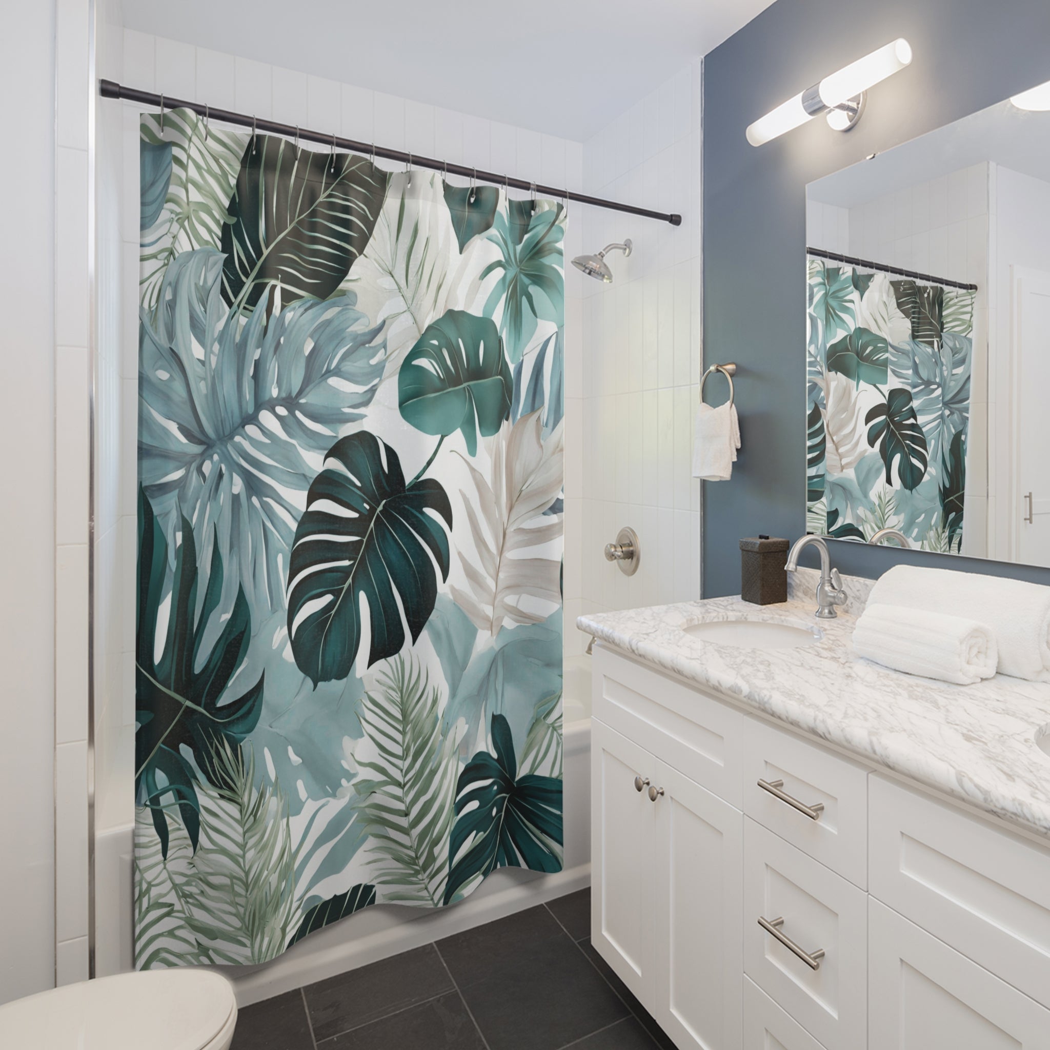 Modern Shower Curtain | Tropical Leaves, Blue, Green Floral Bath Curtain