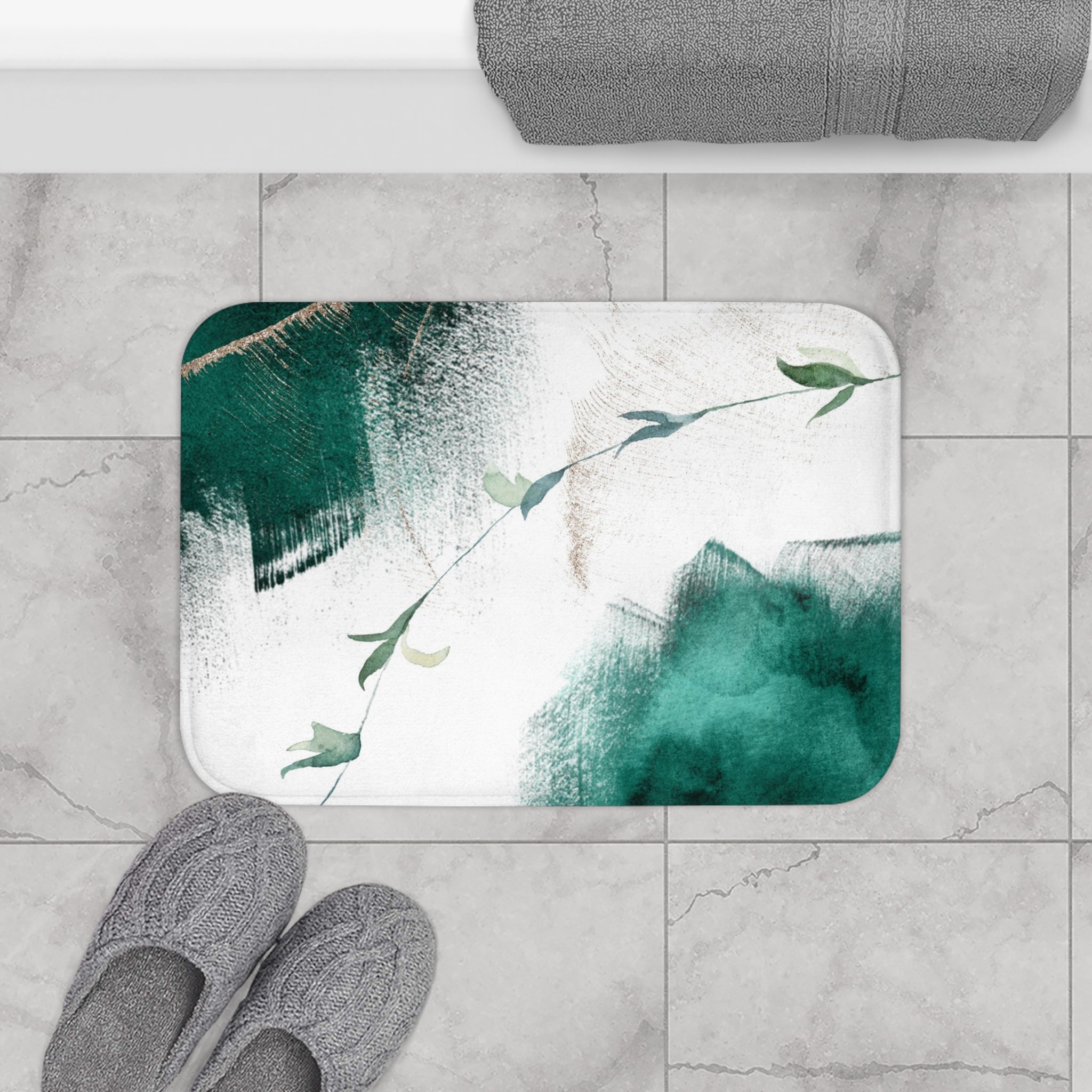Emerald green, beige and gold floral boho abstract bath mat, full mat view