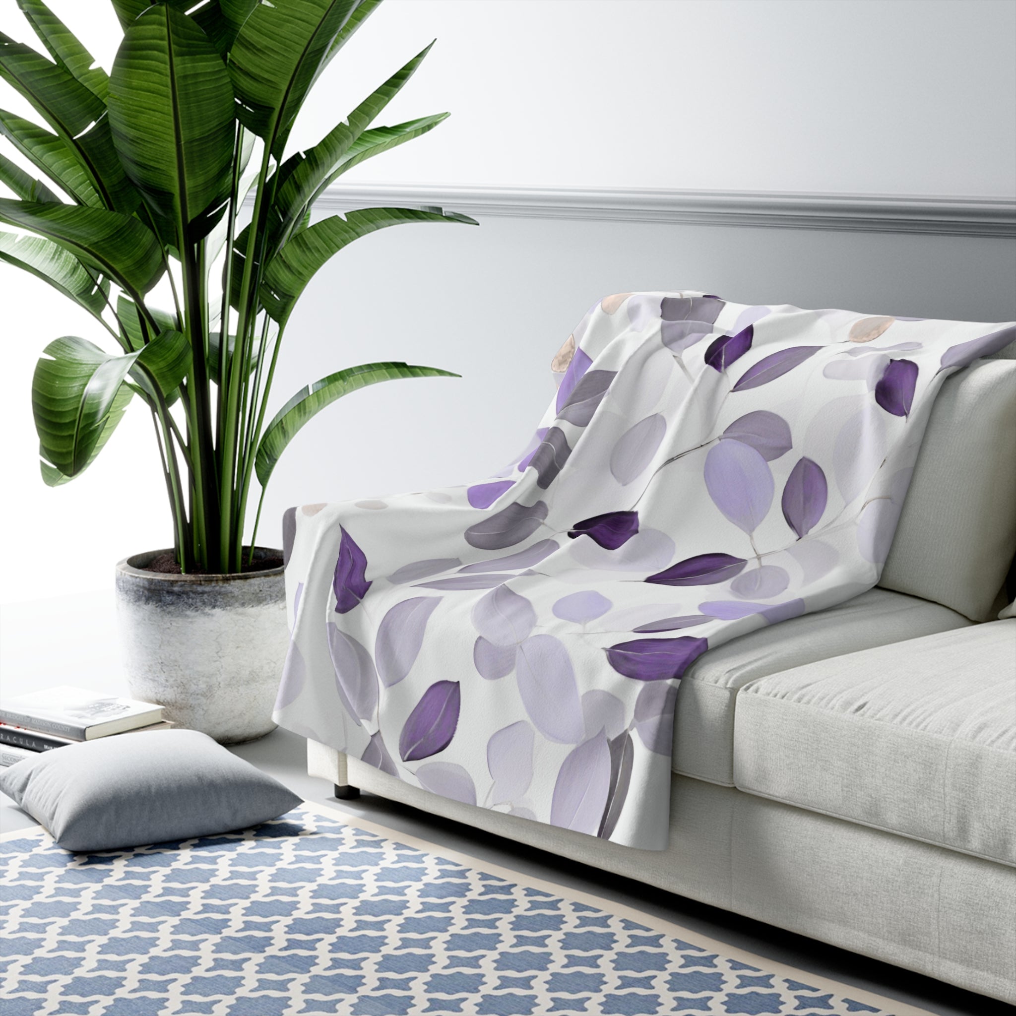 Floral Throw Blanket | White Lavender Purple Grey Leaves