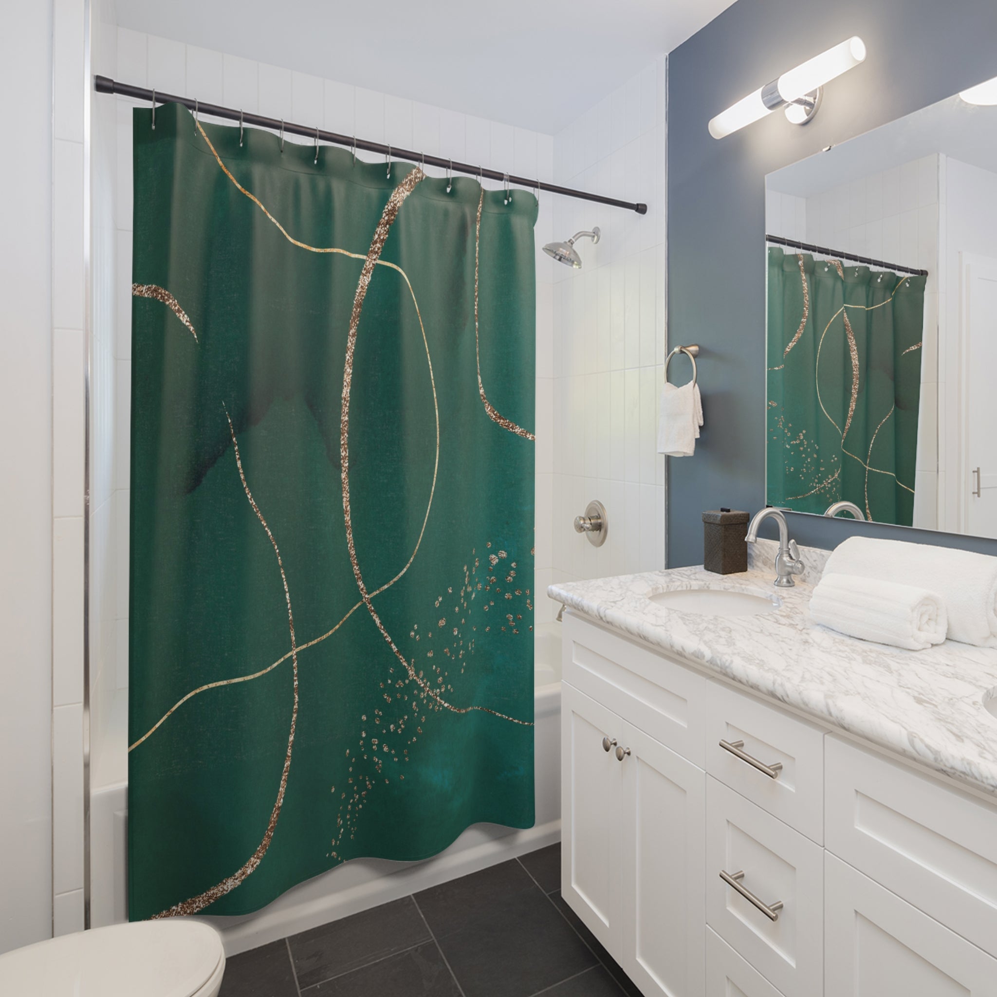 Boho Abstract Shower Curtain | Modern Green, Muted Gold Watercolor
