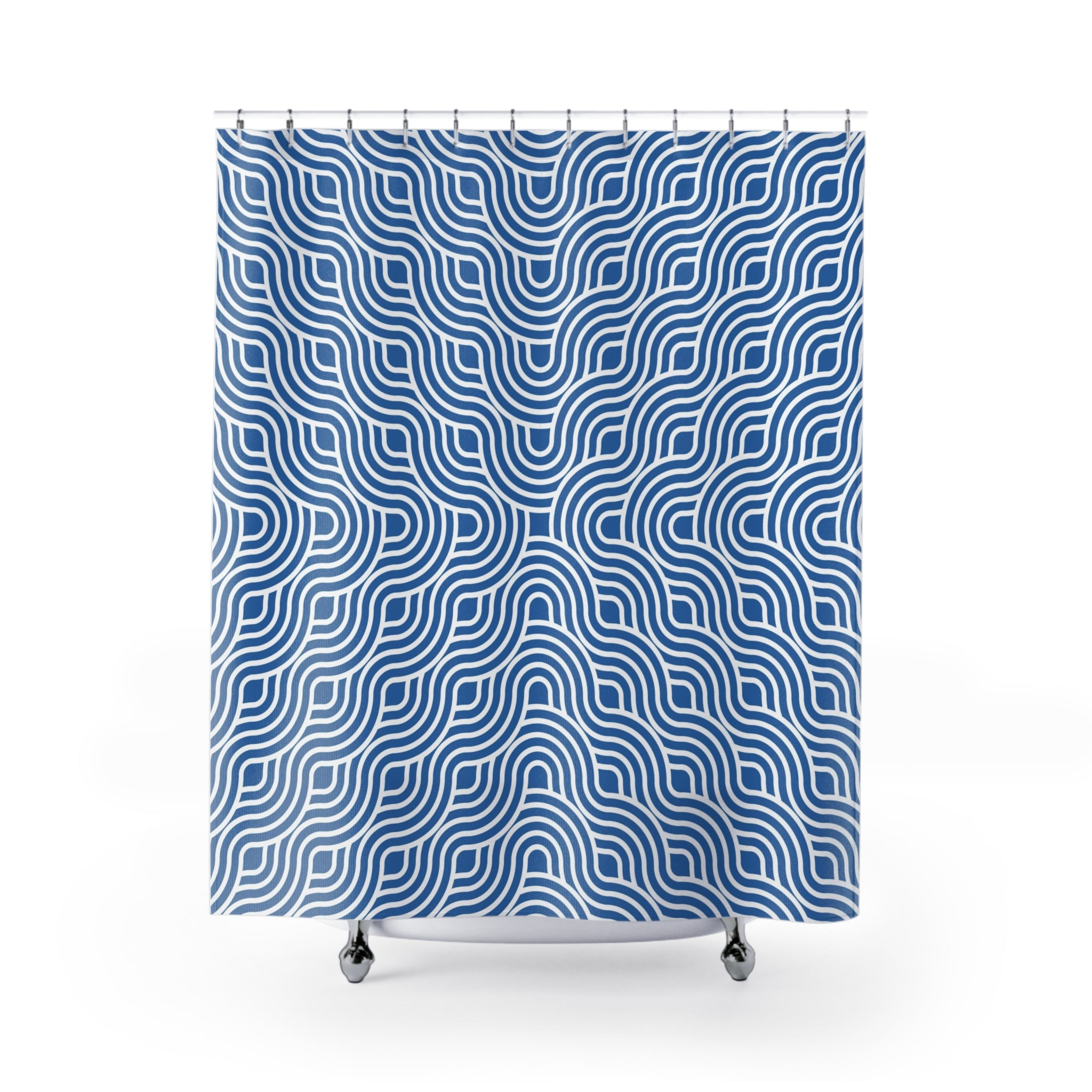 Art Nouveau Shower Curtain | Retro Blue, White Lines