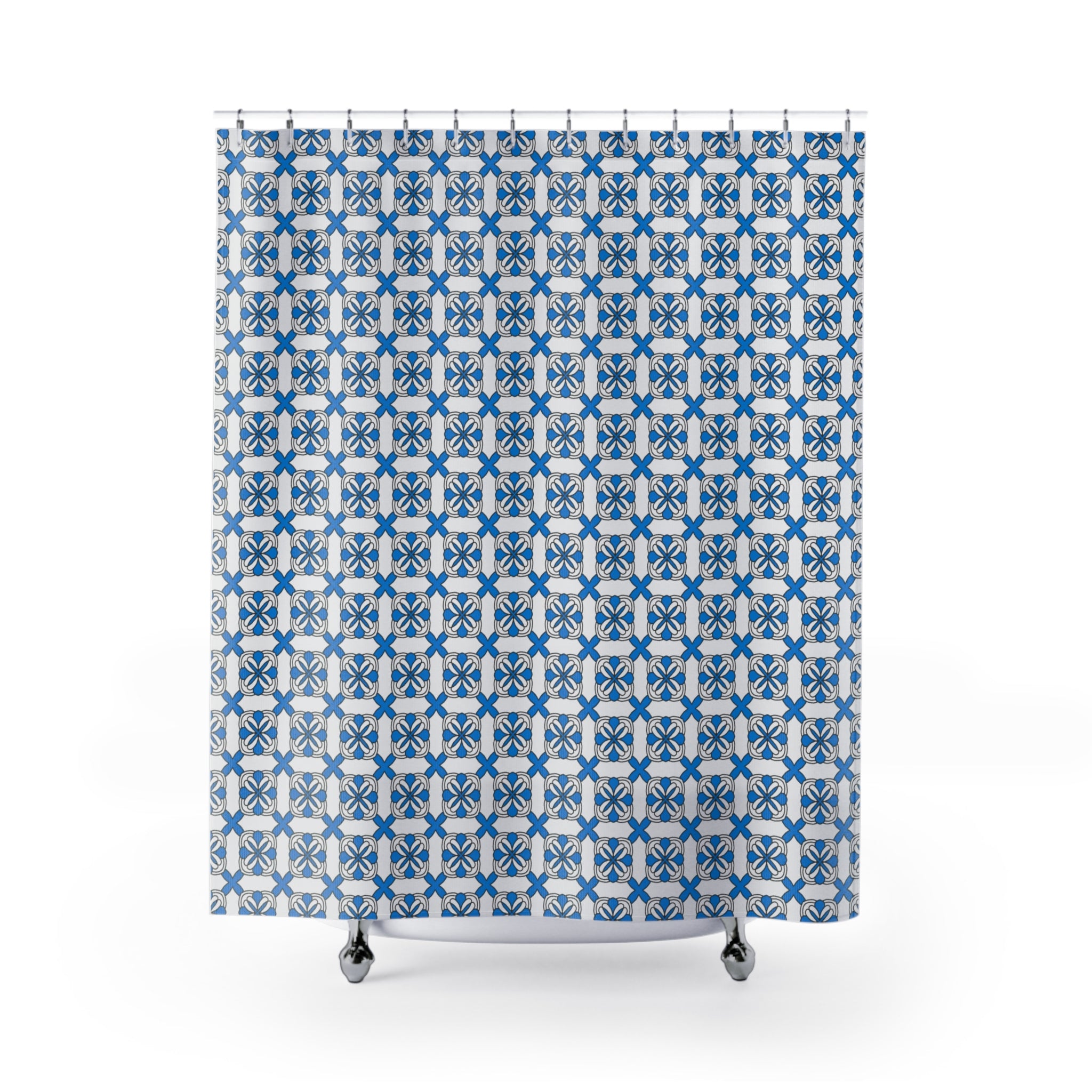 a blue and white shower curtain with a pattern