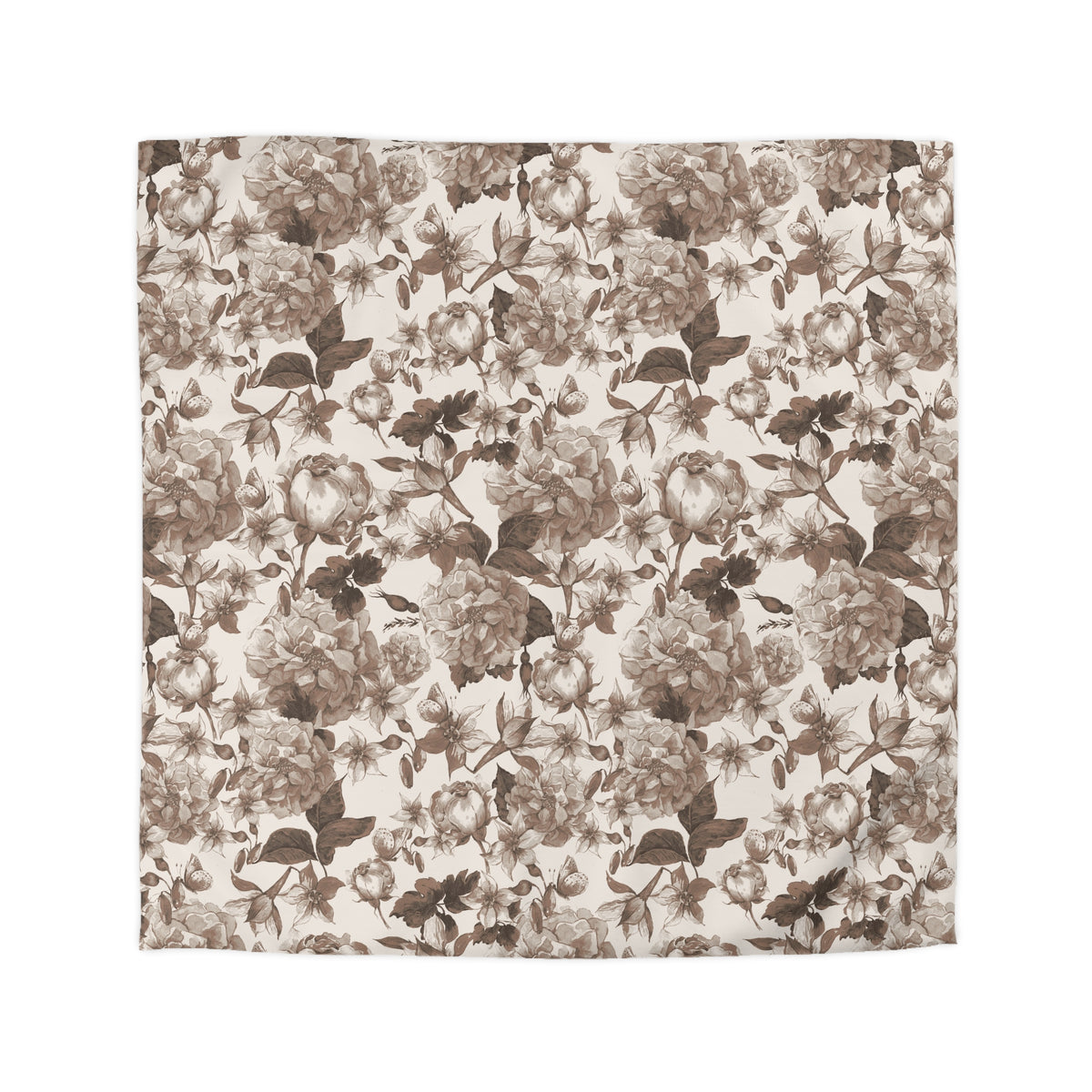 a square-shaped floral print with a repeating pattern of brown and white flowers and leaves.