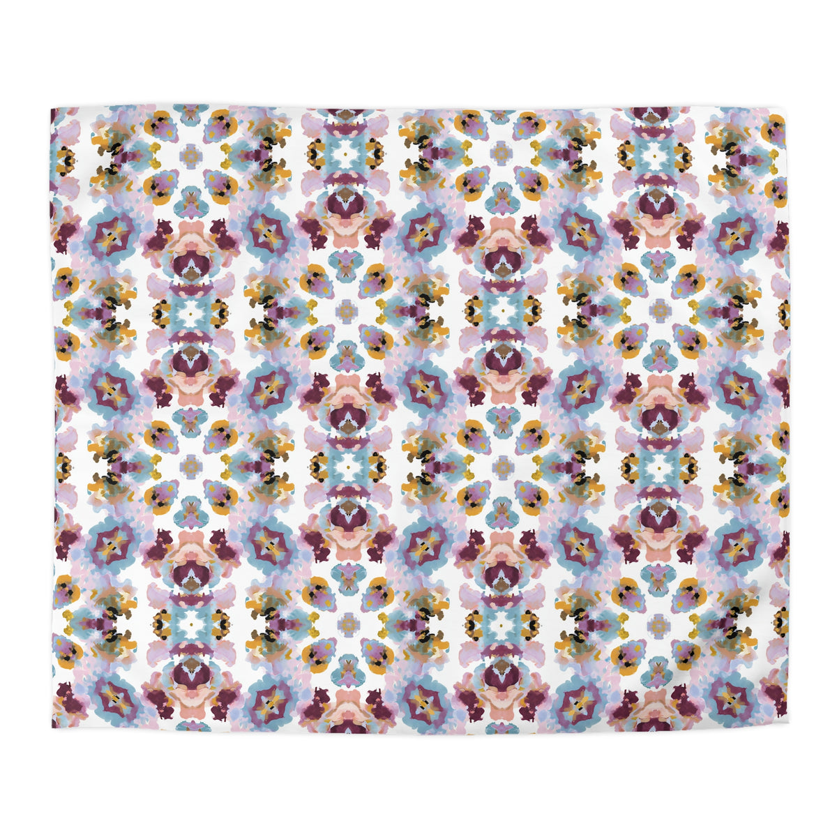a vibrant, colorful floral pattern with a repeating design of flowers in various shades of pink, purple, and yellow. The pattern is symmetrical, with the flowers arranged in a repeating pattern across the entire image.