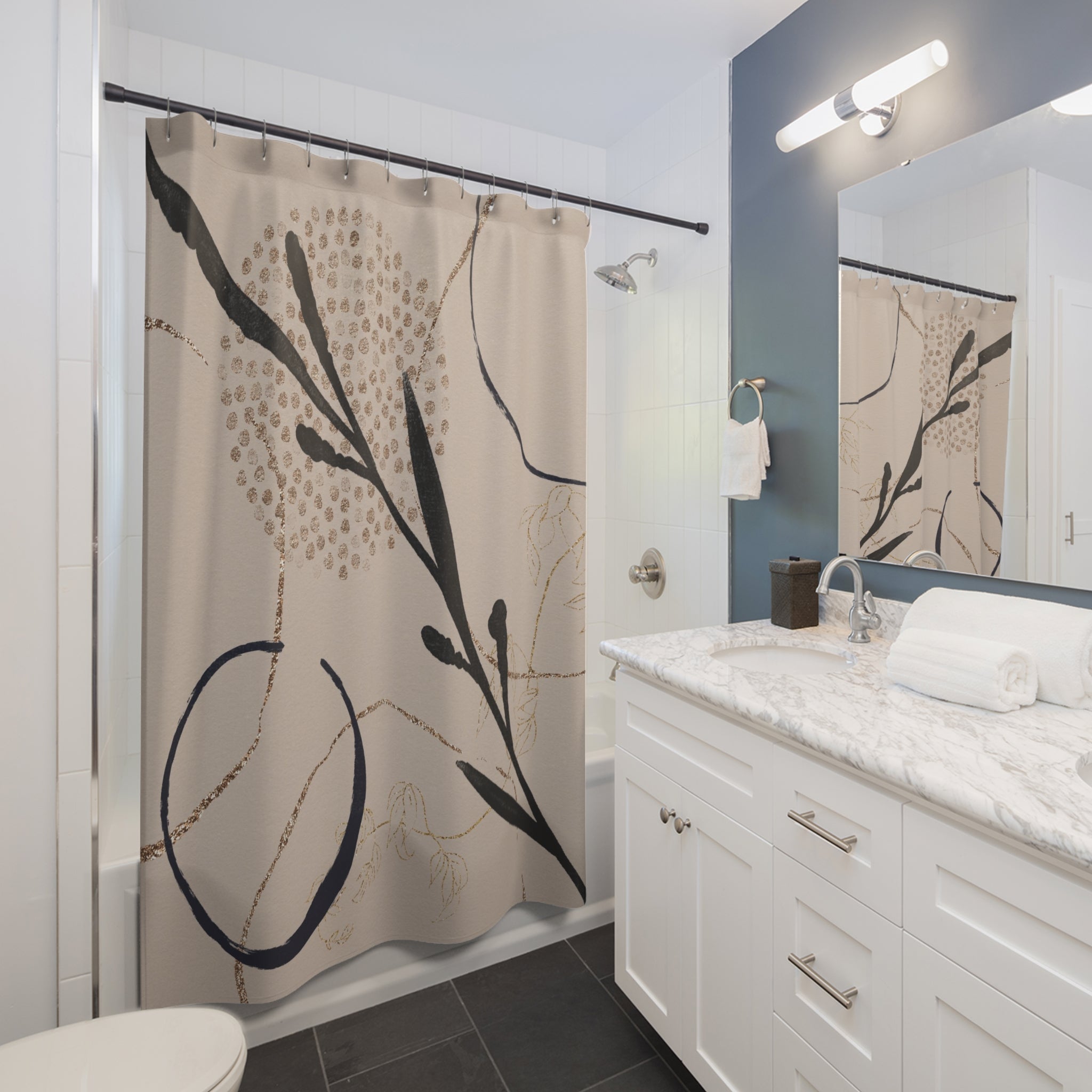 Abstract Floral Shower Curtain | Black Beige Gold Floral