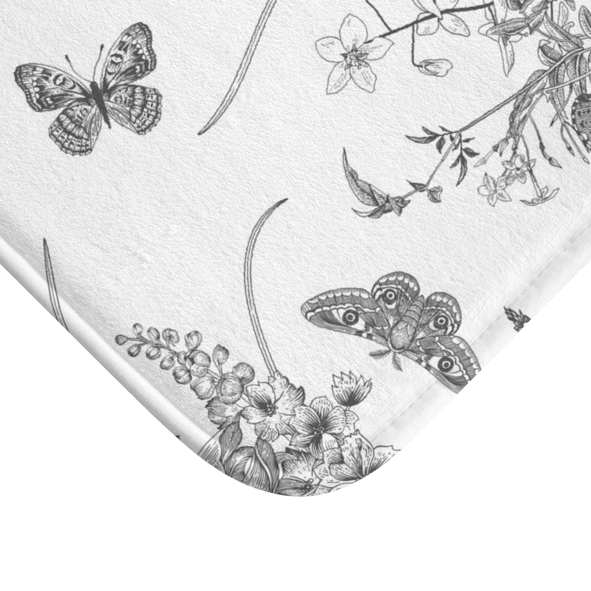 Vintage Bath Mat | Grey White, Butterflies Floral Kitchen Mat