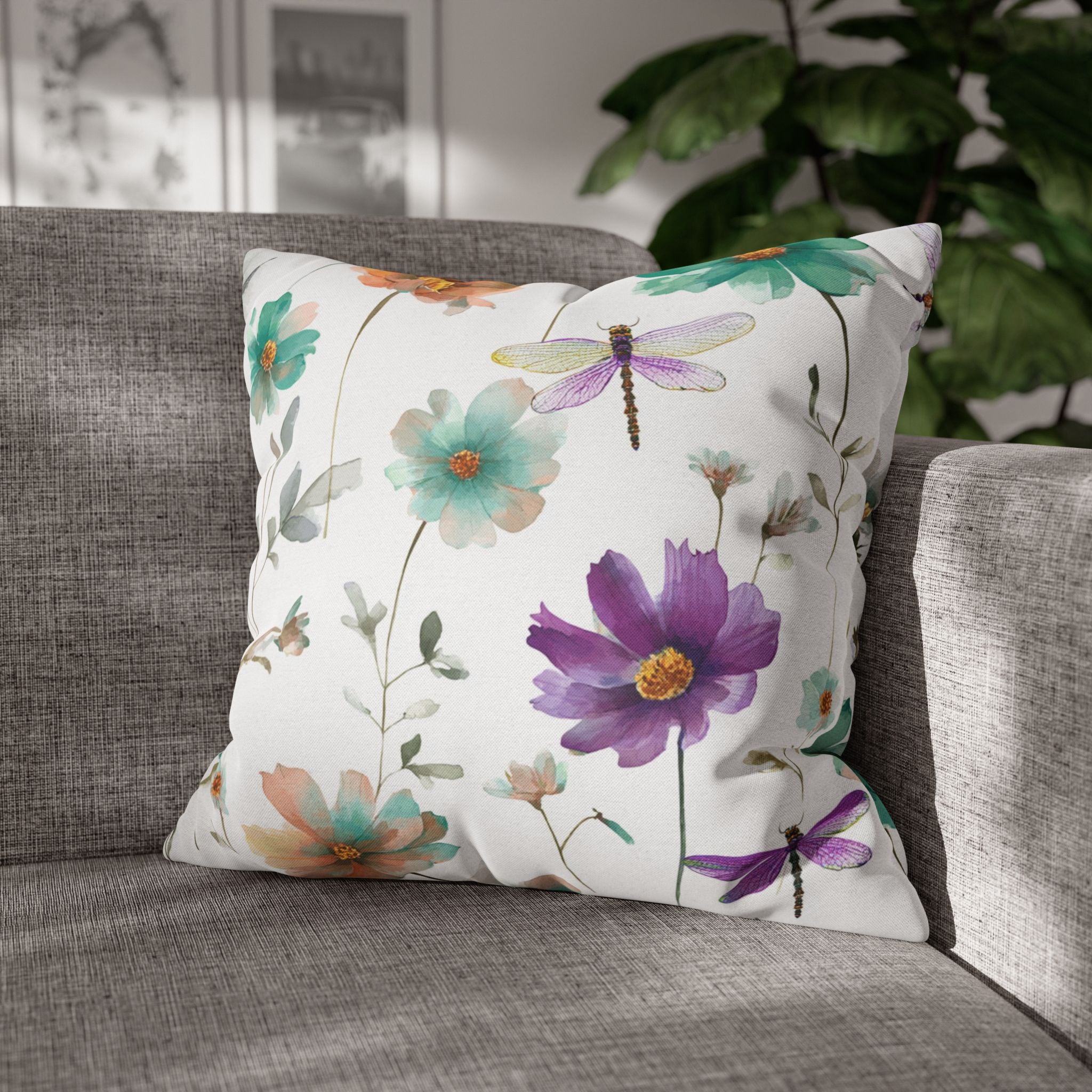 Floral Pillow Cover | Green Purple Watercolor Pillowcase