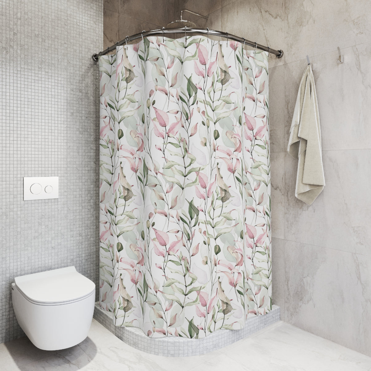 Blush Sage Watercolor Botanical Shower Curtain, Bath Curtain 71x74