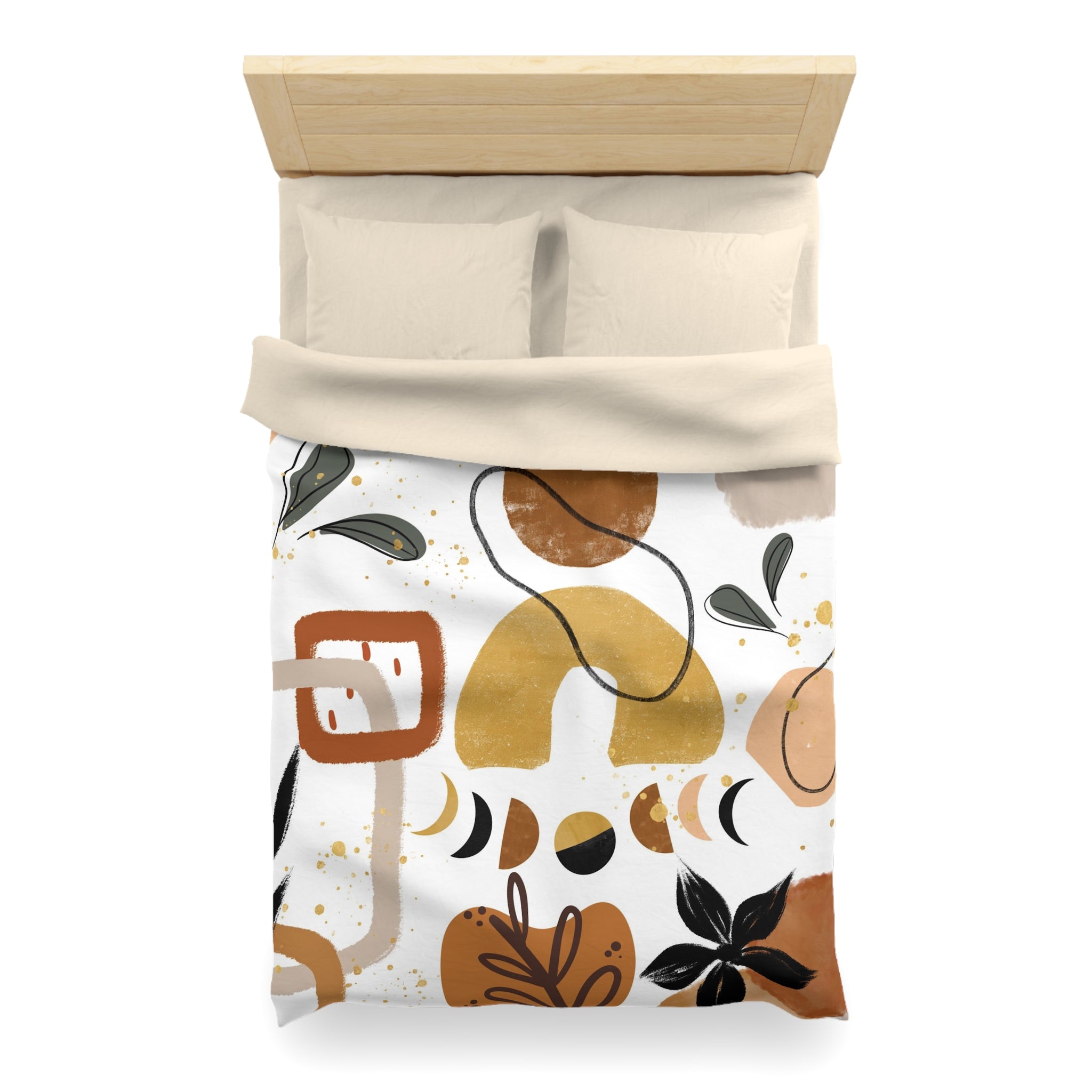 a bed with a white comforter and a colorful abstract pattern printed on it.
