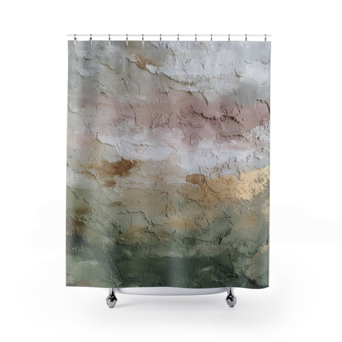 a shower curtain with a textured, abstract painting-like design in shades of green, gray, and pink.