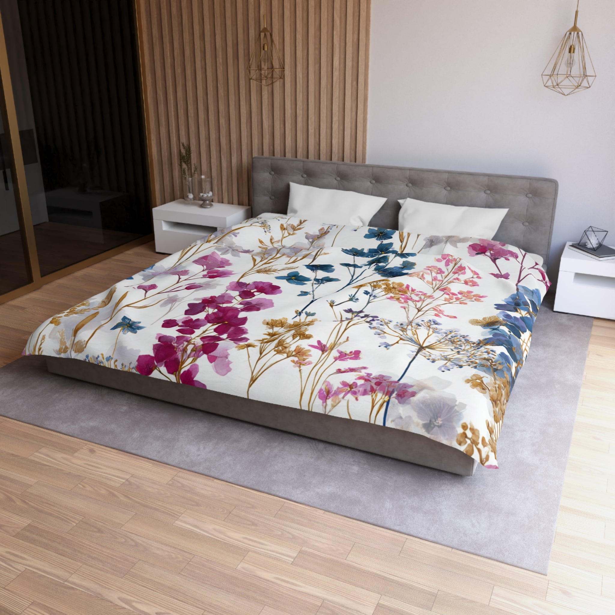Floral Modern Duvet, Pillow Cover | White Pink Blue Bedroom Decor