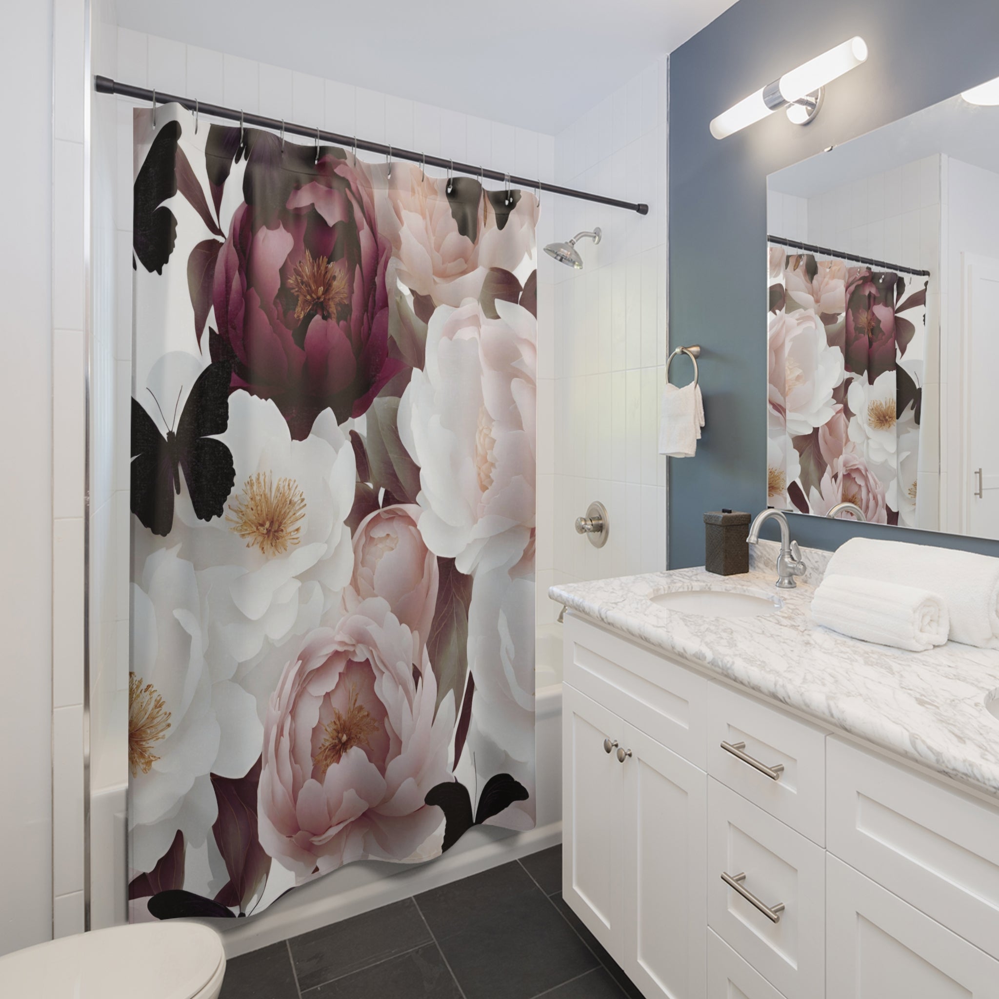 Floral Shower Curtain | Burgundy White Blush Roses