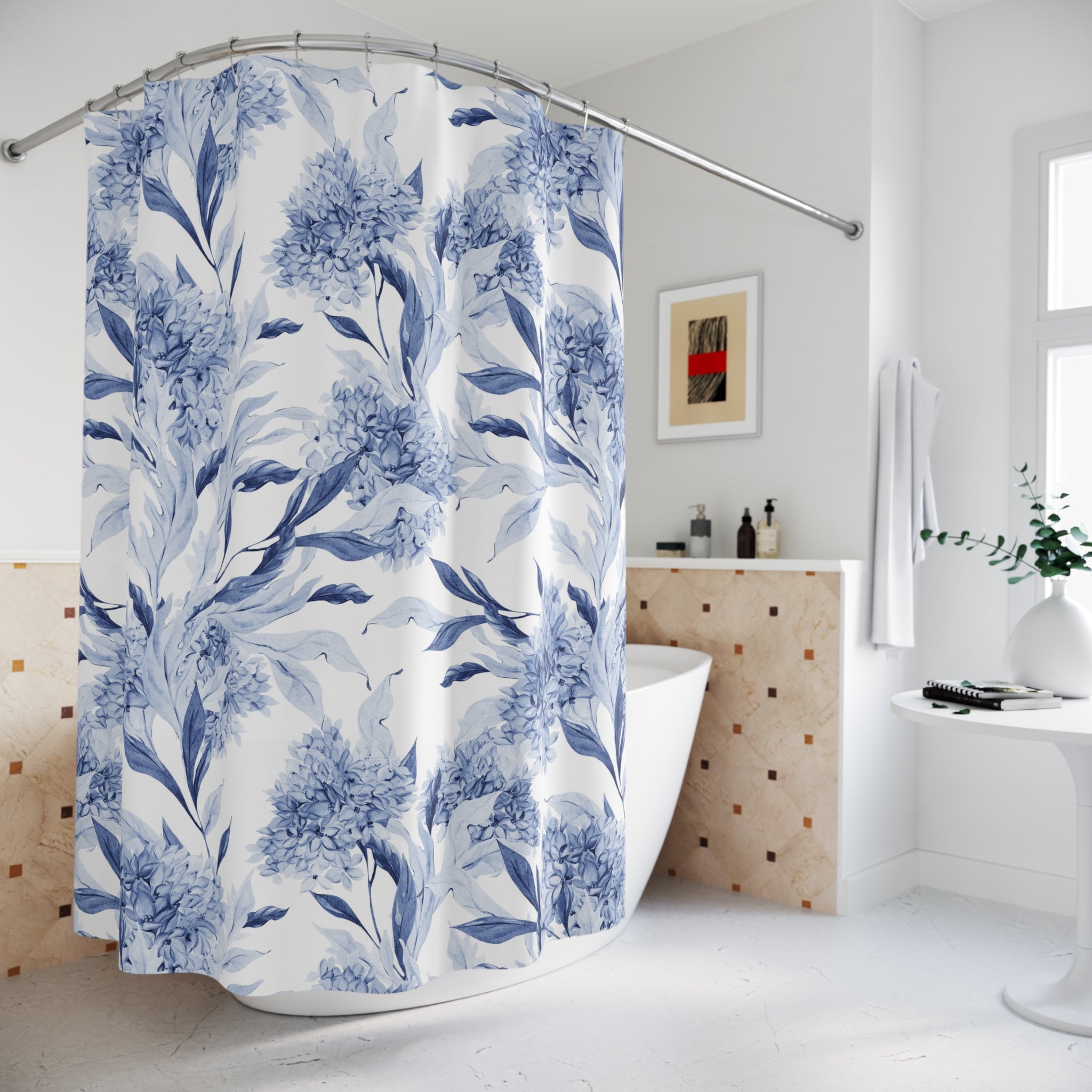 Floral Shower Curtain | Blue White Tropical Leaves Bathroom Decor