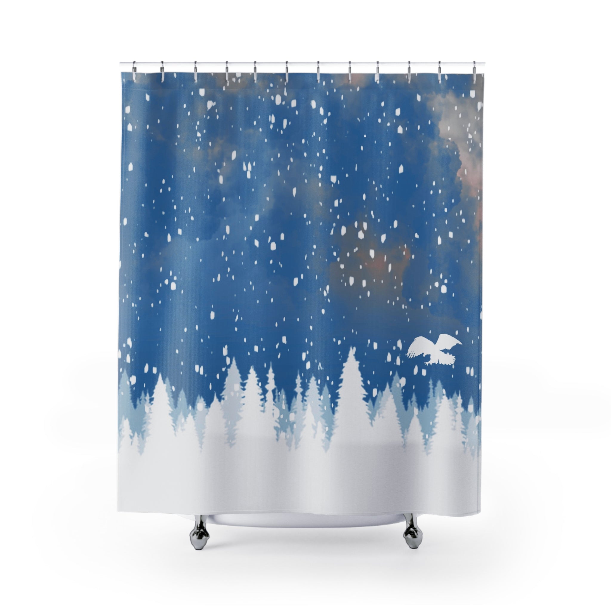 Blue Shower Curtain | White Pine Trees, Winter Snow Flakes