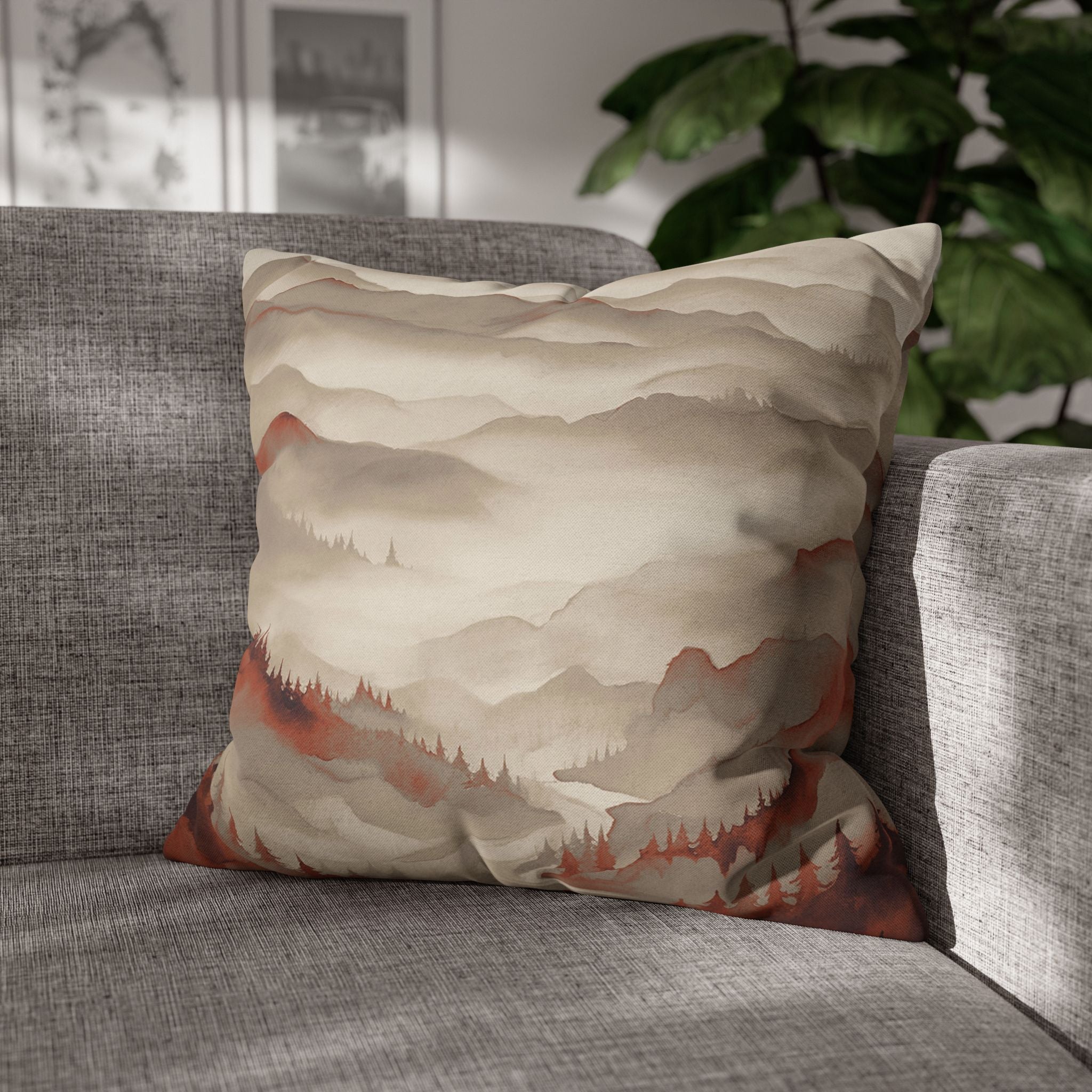 Boho Throw Pillow Cover, Taupe Rust, Mountains Nature Decor Cushion