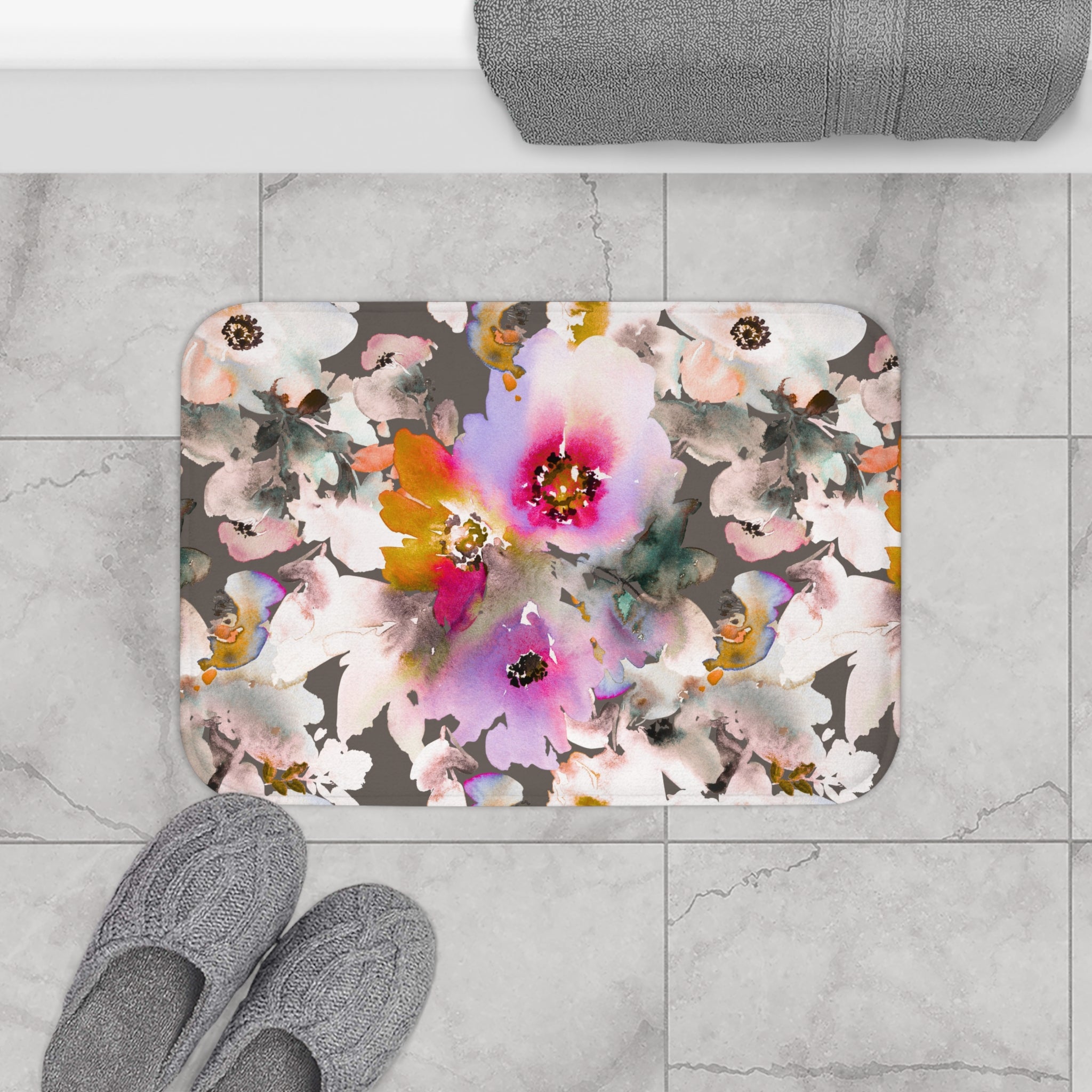 Floral Bath Mat | Grey Pink, White Kitchen Mat