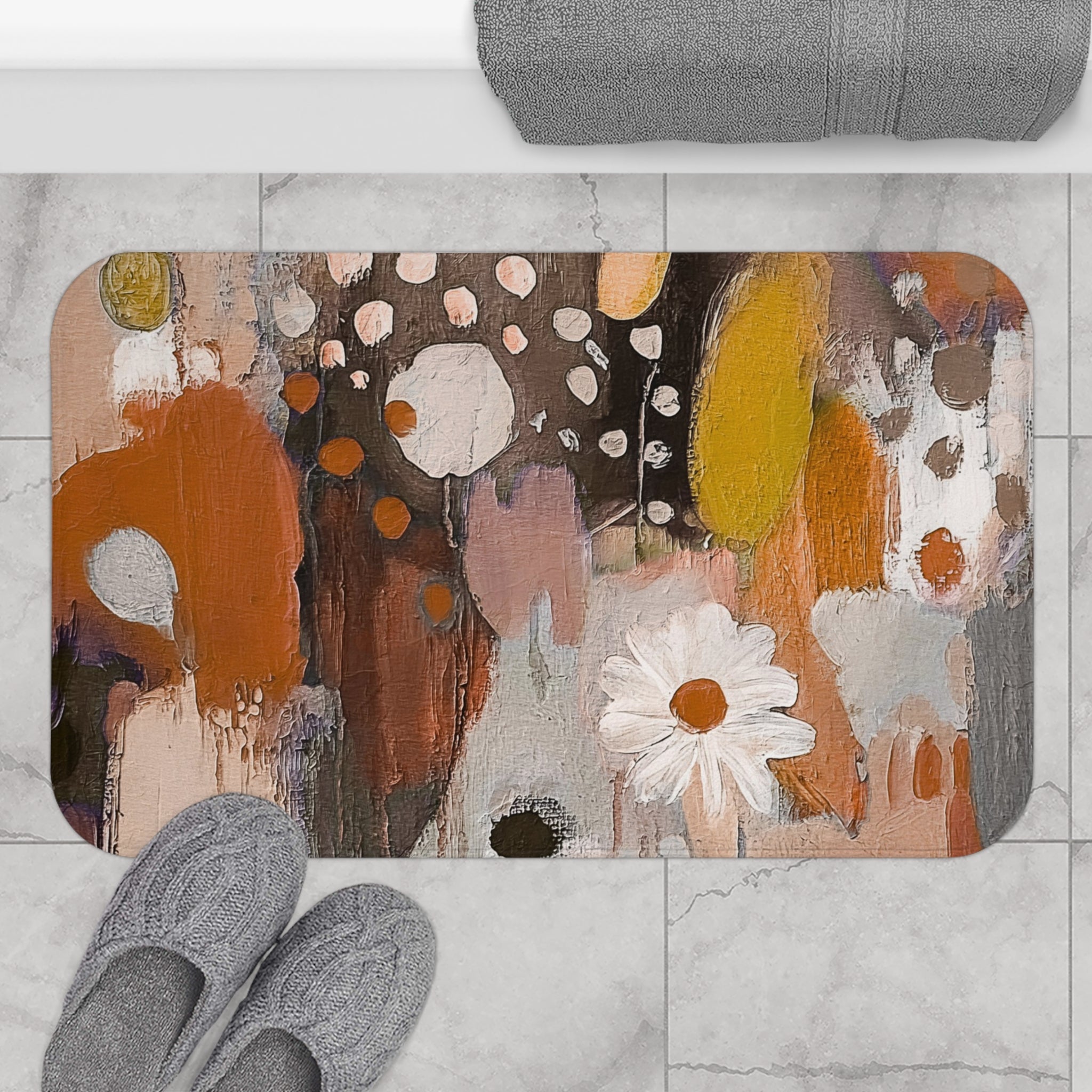 Abstract Bath Mat | Rustic Terracotta Orange Grey White Kitchen Mat