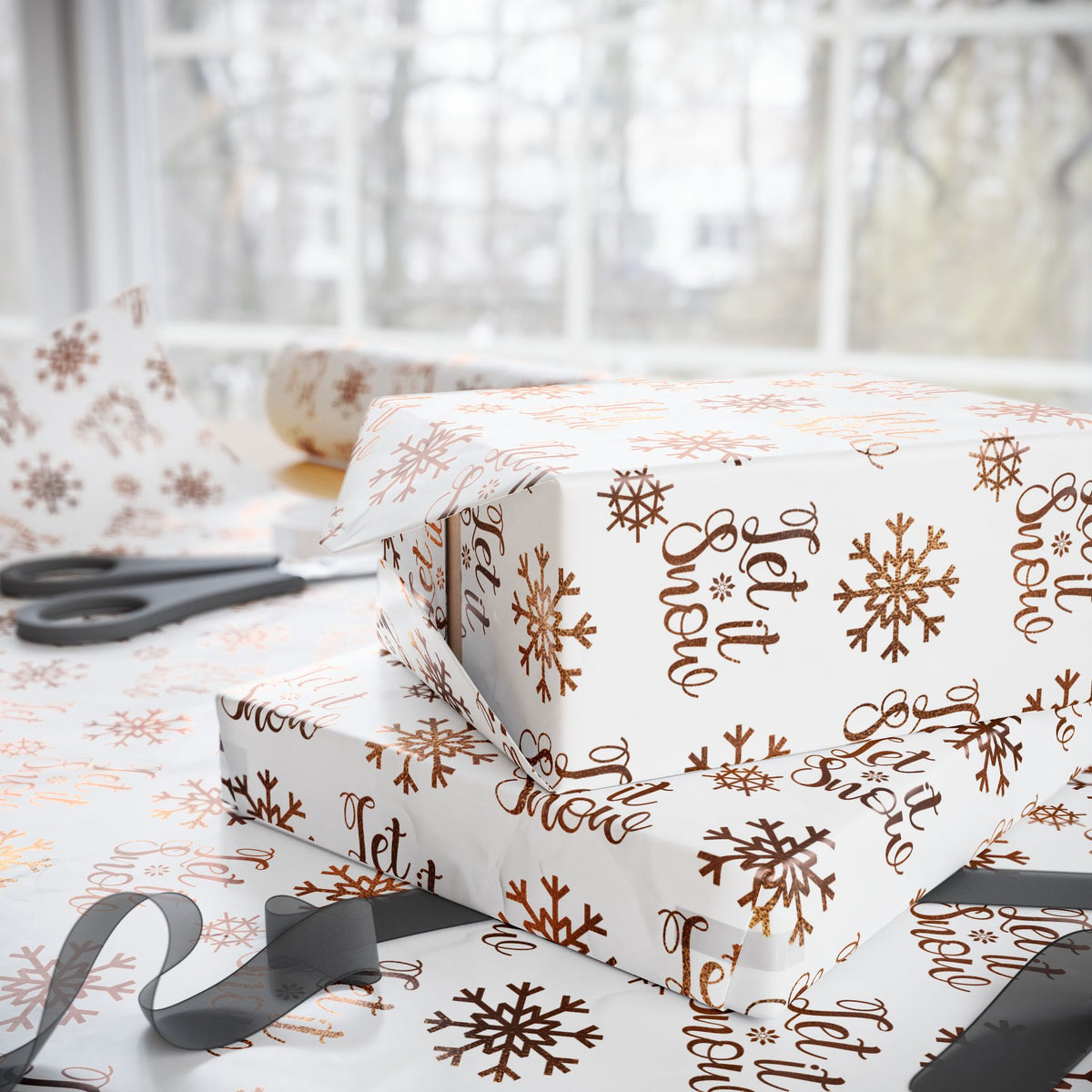 Let It Snow Christmas Wrapping Paper, Brown Gift Wrap