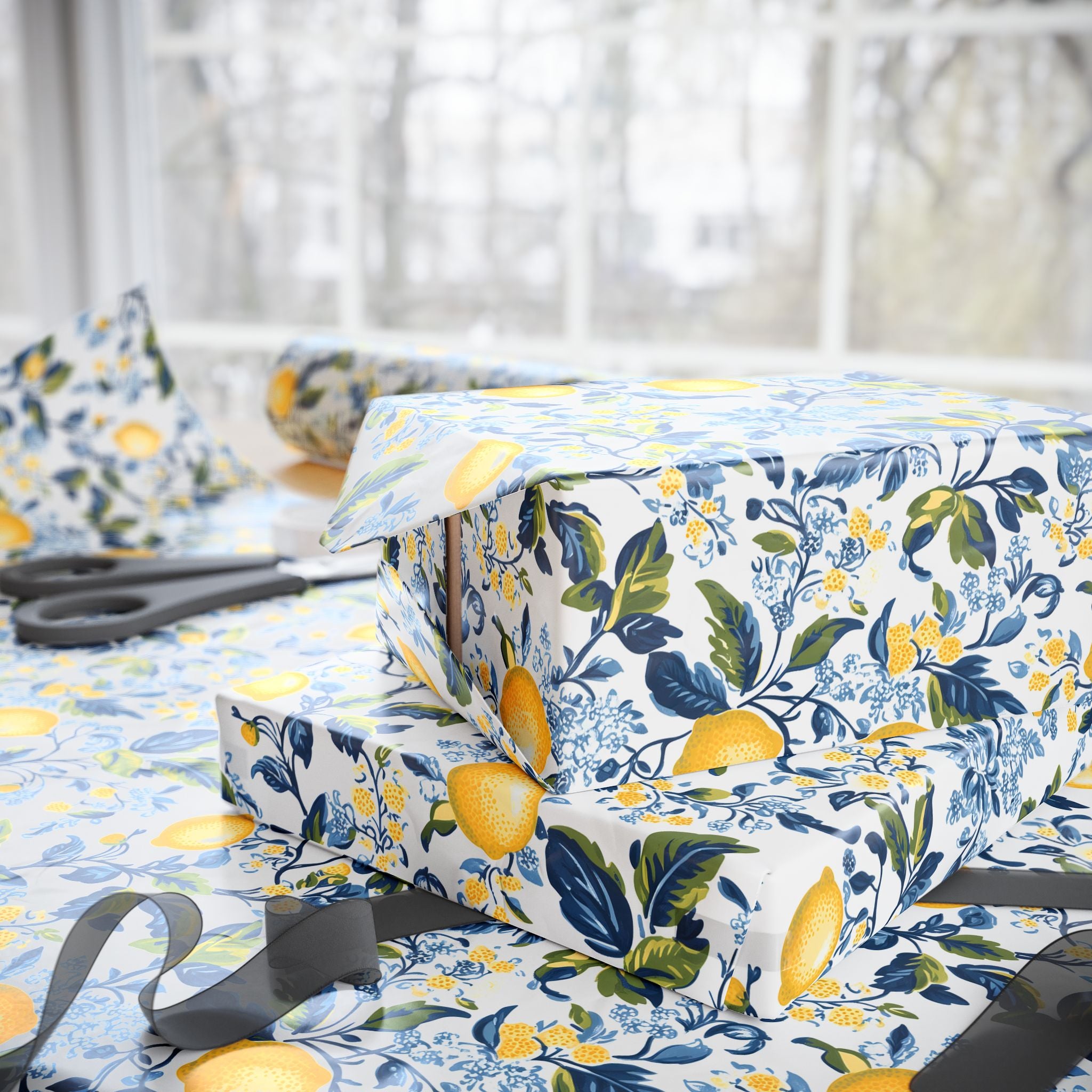 Lemon Wrapping Paper | Mediterranean Floral Gift Wrap for the Holidays, Birthdays