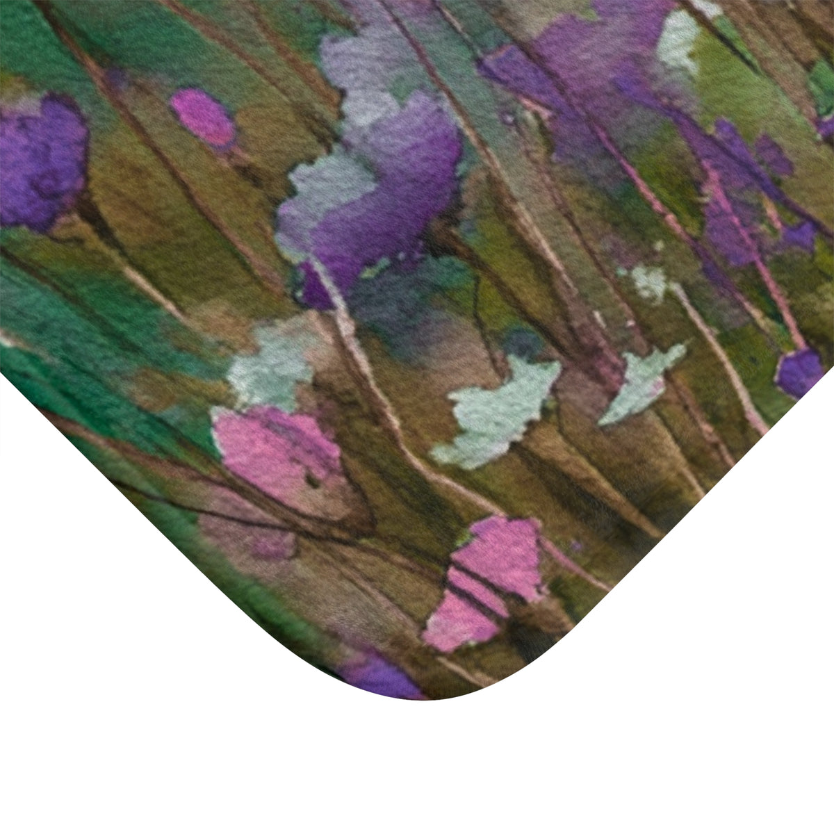 The image is a vibrant and colorful abstract painting, featuring a variety of shades of green, purple, and pink. The painting is composed of a multitude of brushstrokes and splatters, creating a dynamic and lively visual effect.