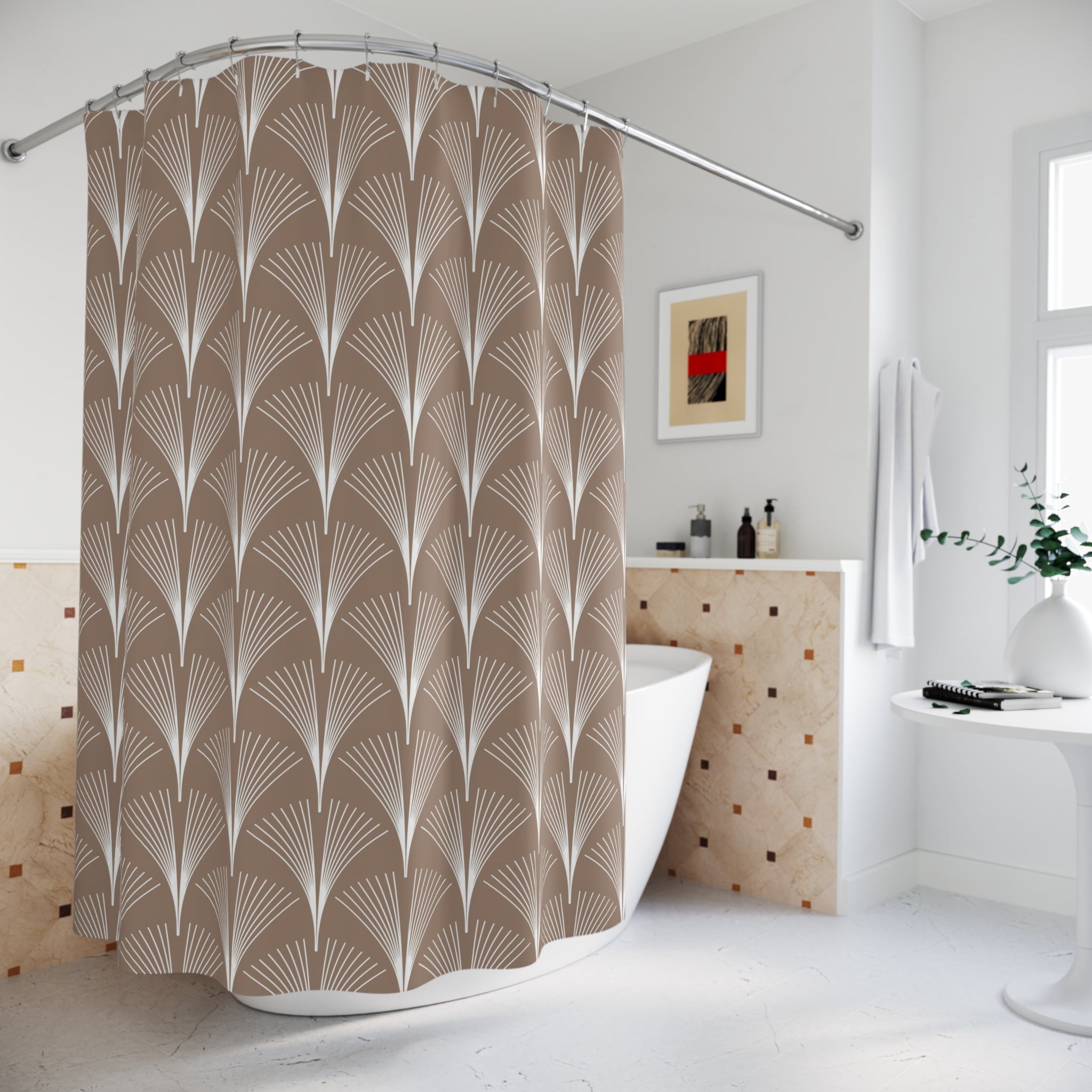 Art Deco Shower Curtain | Beige White Fan Bathroom Decor