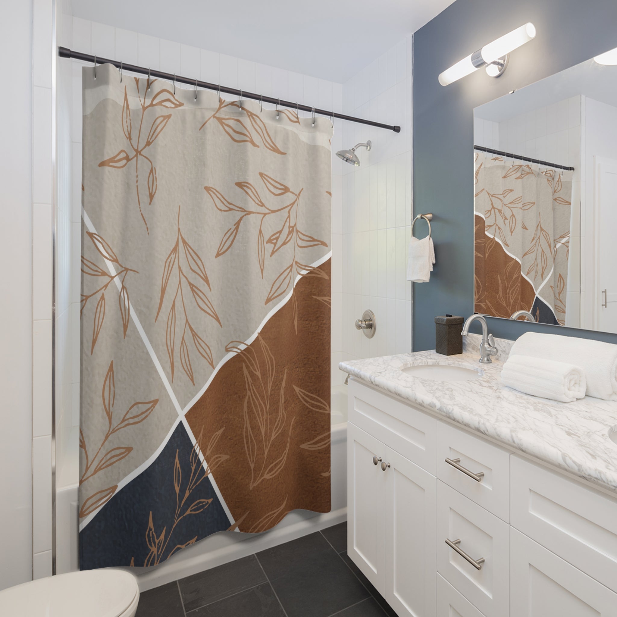 Boho Shower Curtain | Terracotta Leaves, Grey, Navy Blue
