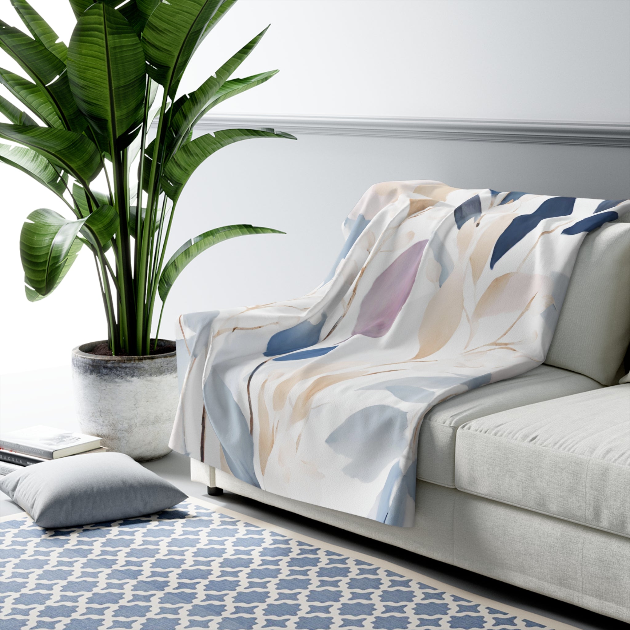 Floral Throw Blanket | White Blue, Lavender Beige