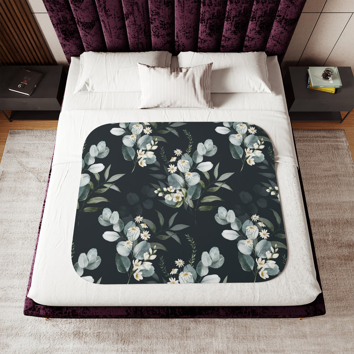 Moody Sage Eucalyptus Daisy Sherpa Blanket | Charcoal Botanical Throw