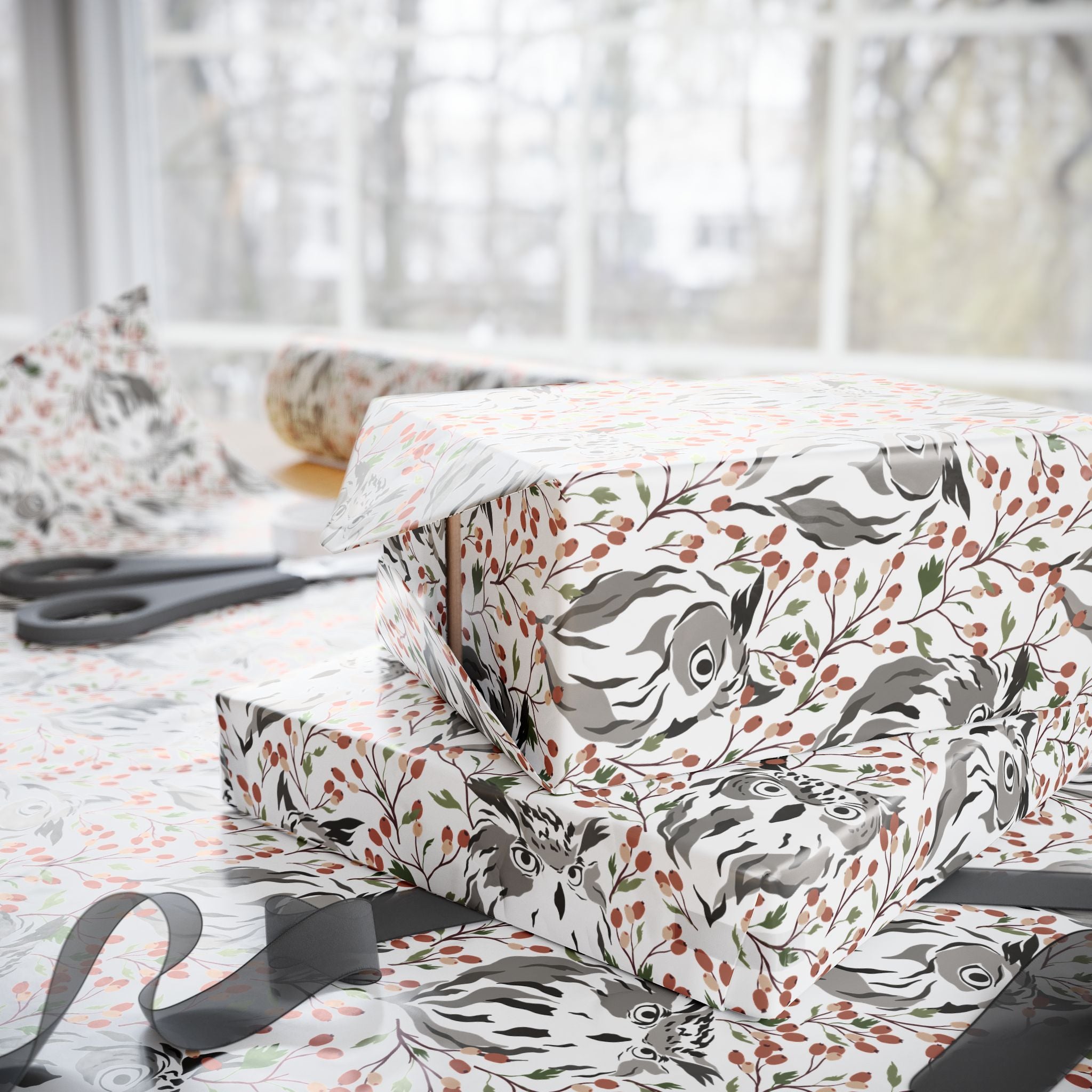 Abstract Owl Gift Wrapping Paper | White Rust Grey Wrap for the Holidays, Birthdays
