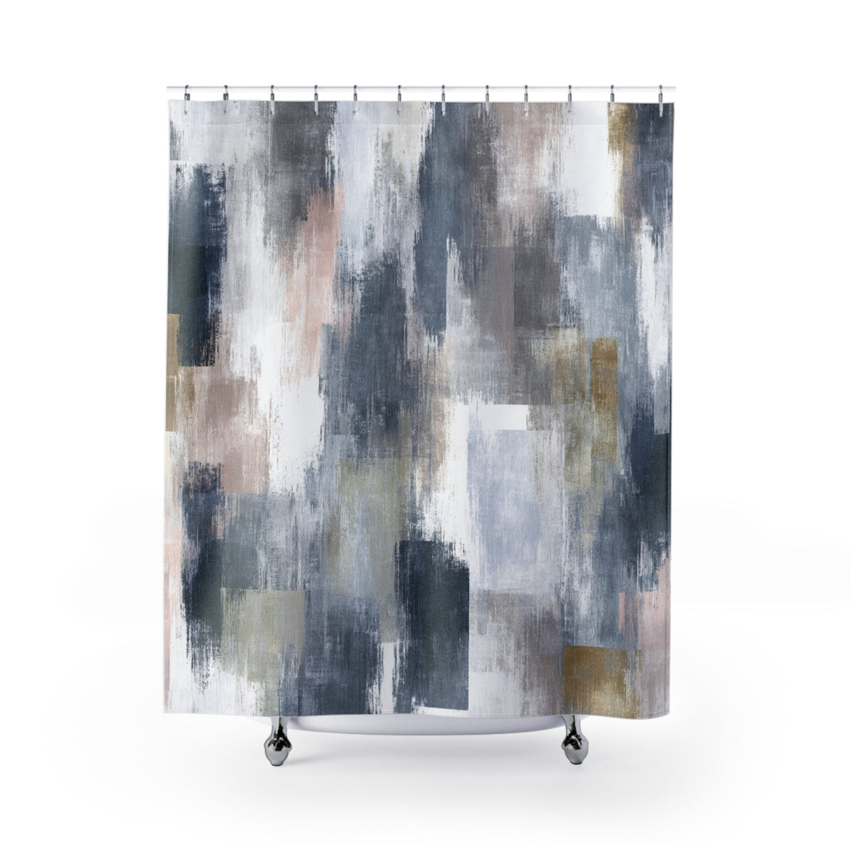 a shower curtain with a large abstract painting on it. The painting consists of various shades of gray, blue, and brown, creating a textured and colorful appearance.