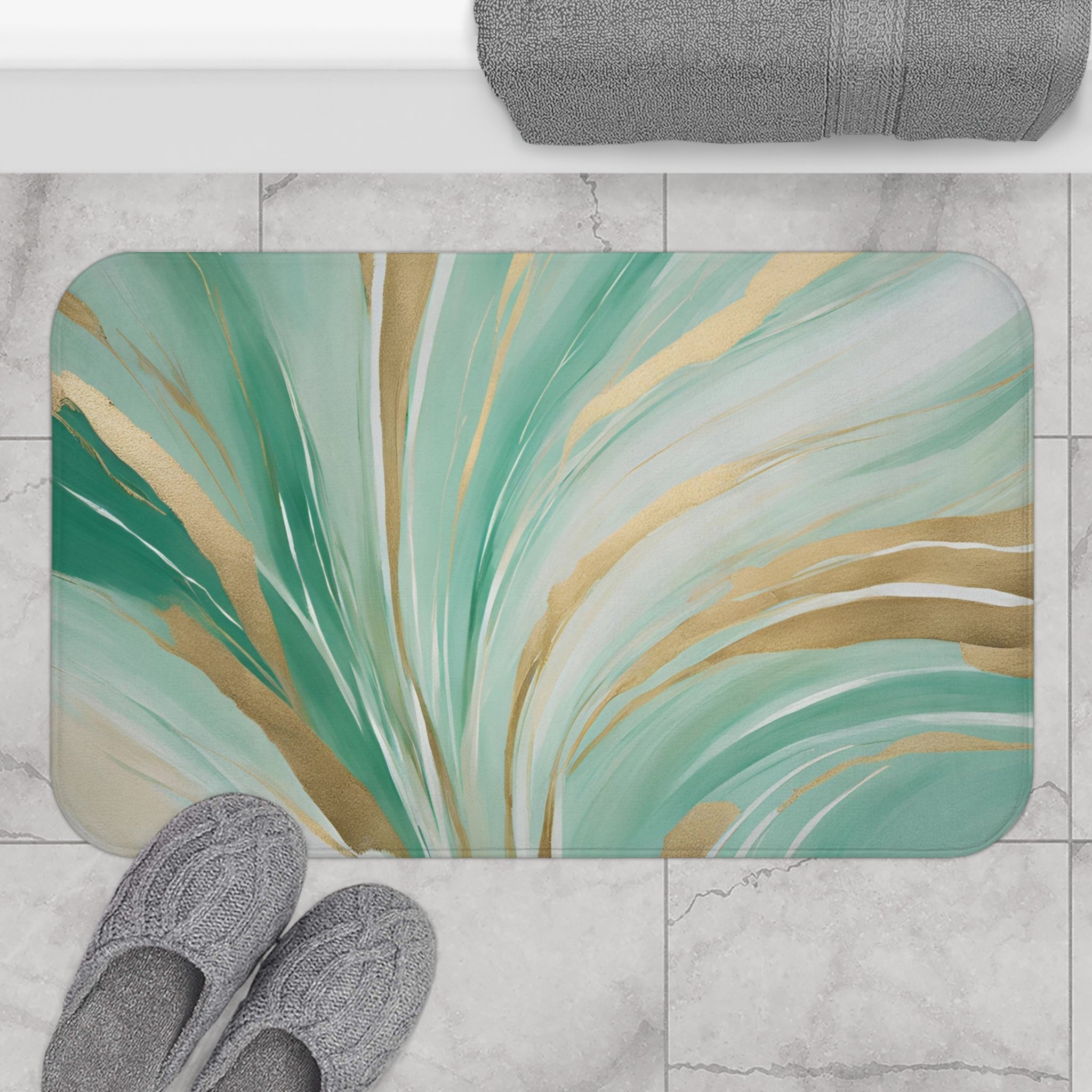 Boho Bath Mat | Sage Green, Gold Beige Abstract Kitchen Mat