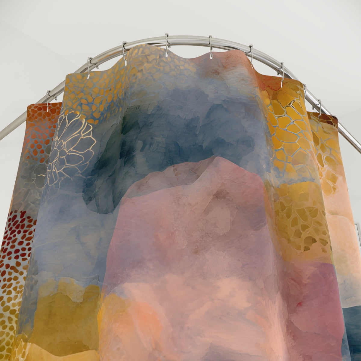 a colorful, abstract shower curtain with a mix of blue, pink, yellow, and orange hues.
