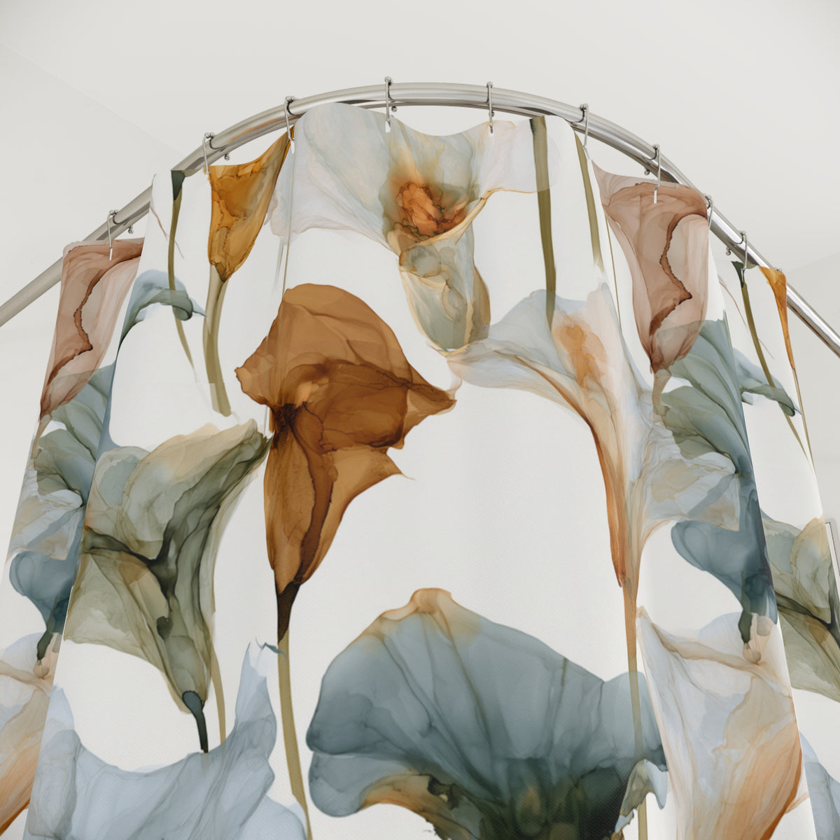 a shower curtain with a floral pattern in shades of brown, green, and white.