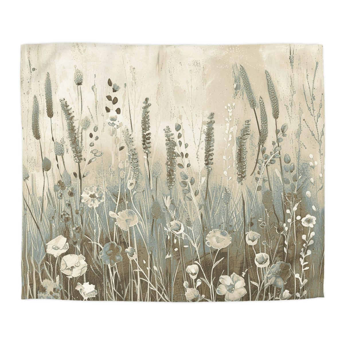 a field of tall grass and various flowers, including poppies and other wildflowers, creating a serene and natural landscape.