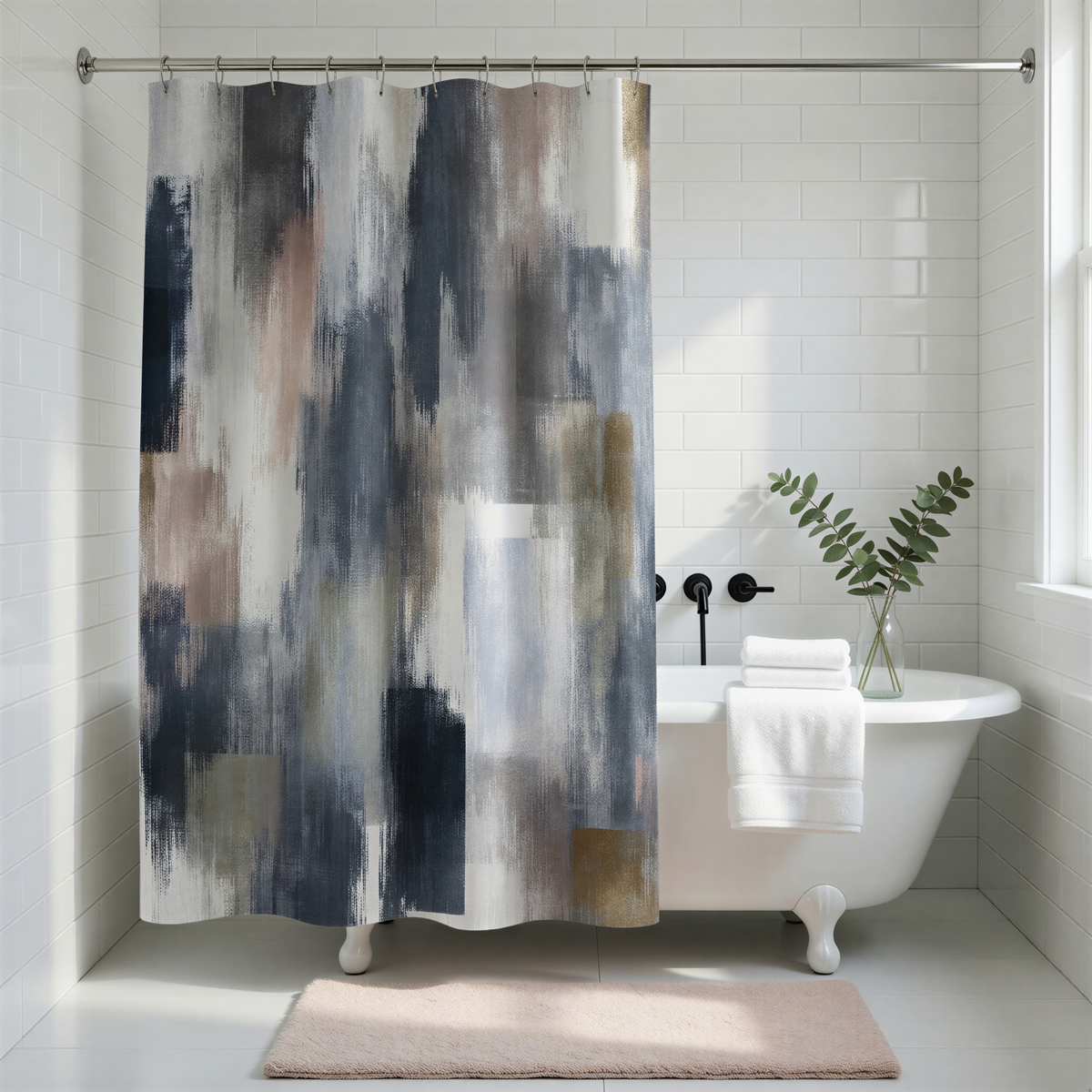 a modern bathroom with a white bathtub, a shower curtain with an abstract painting design, and a plant in a vase on the windowsill.