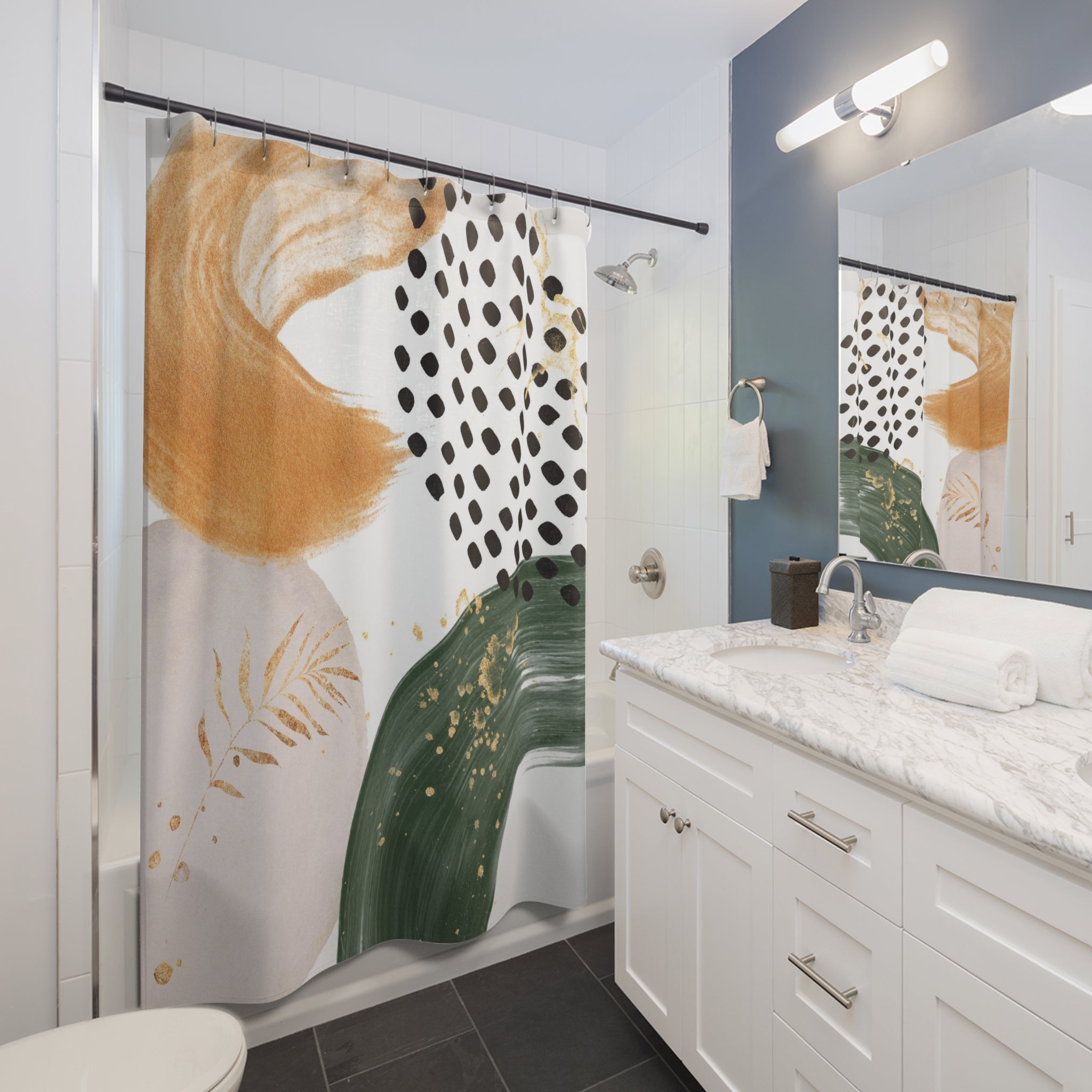 Boho Abstract Shower Curtain | Burnt Orange, Blush Beige Green, Black