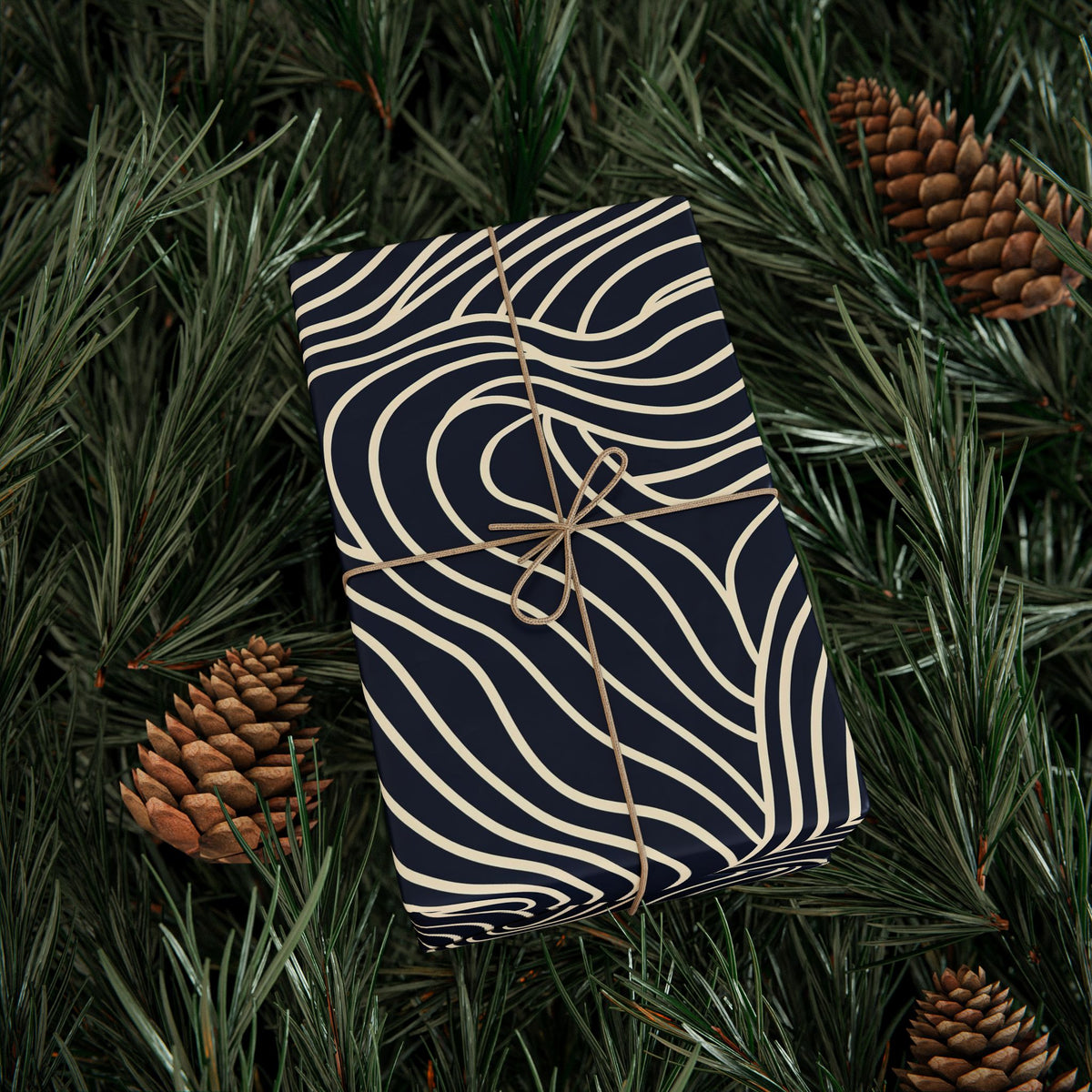 Navy Cream Abstract Wavy Lines Wrapping Paper, Gift Wrap