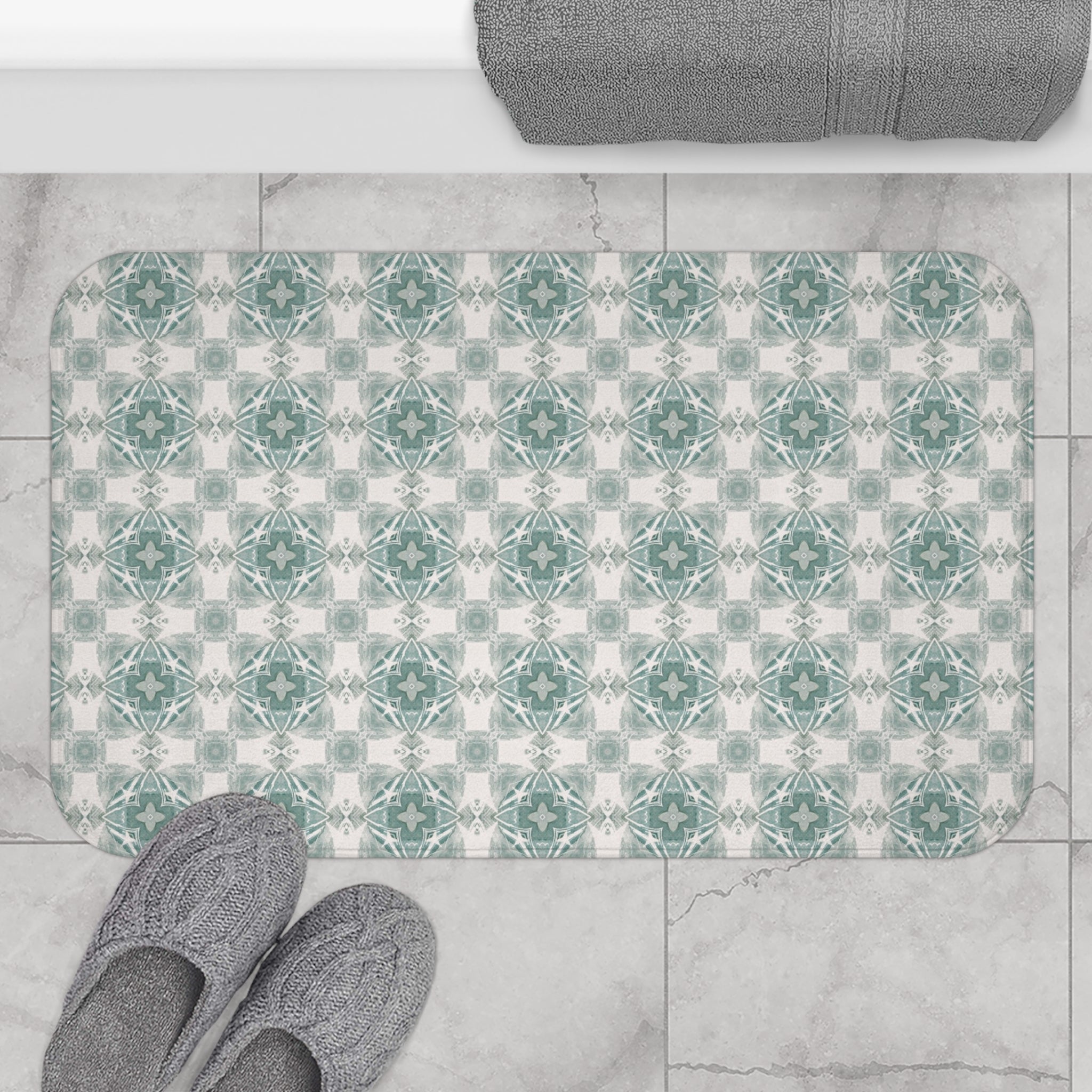 Art Deco Bath Mat | Sage Green, Medieval Cream Kitchen Mat
