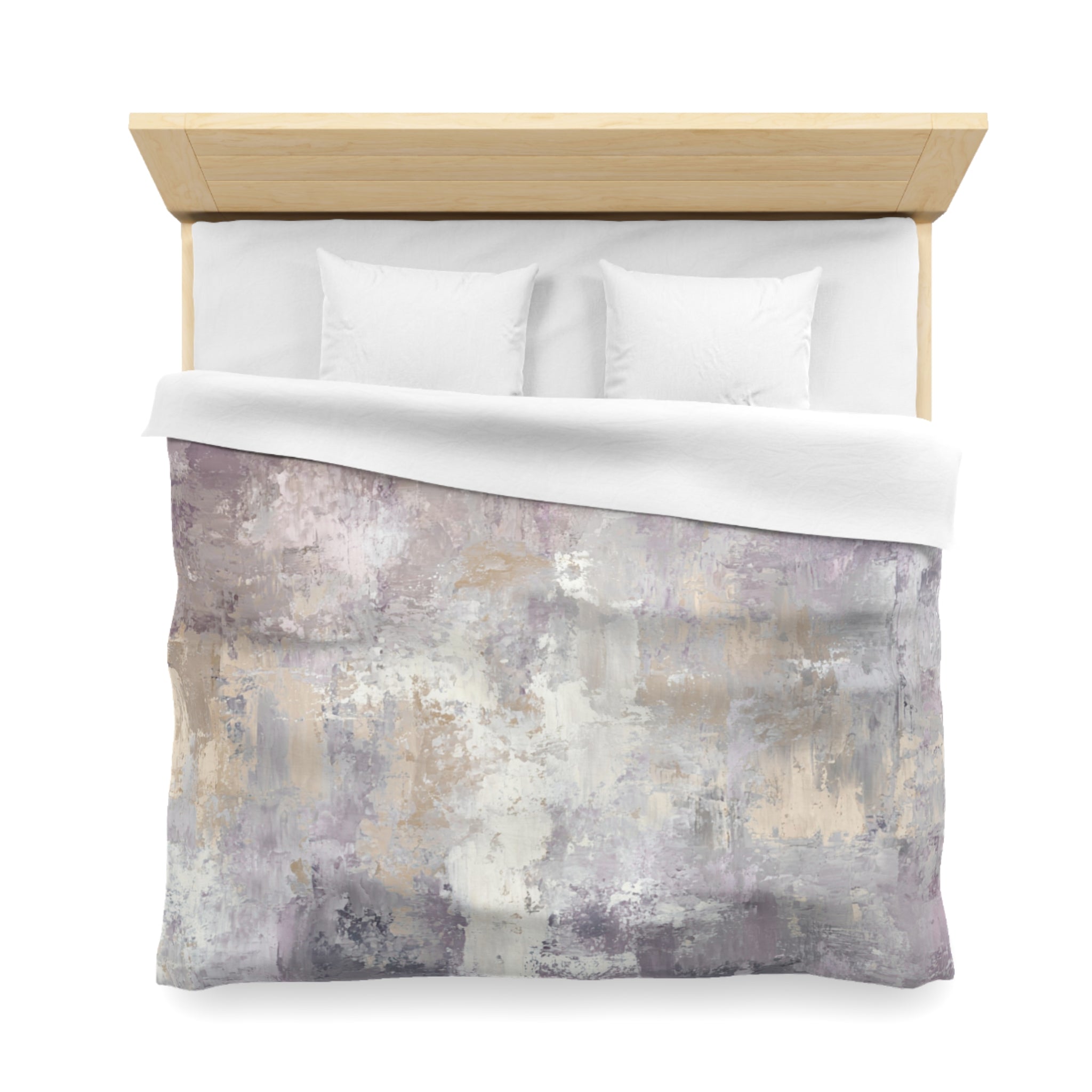 a bed with a wooden headboard and a white comforter featuring an abstract painting in shades of purple and gray.
