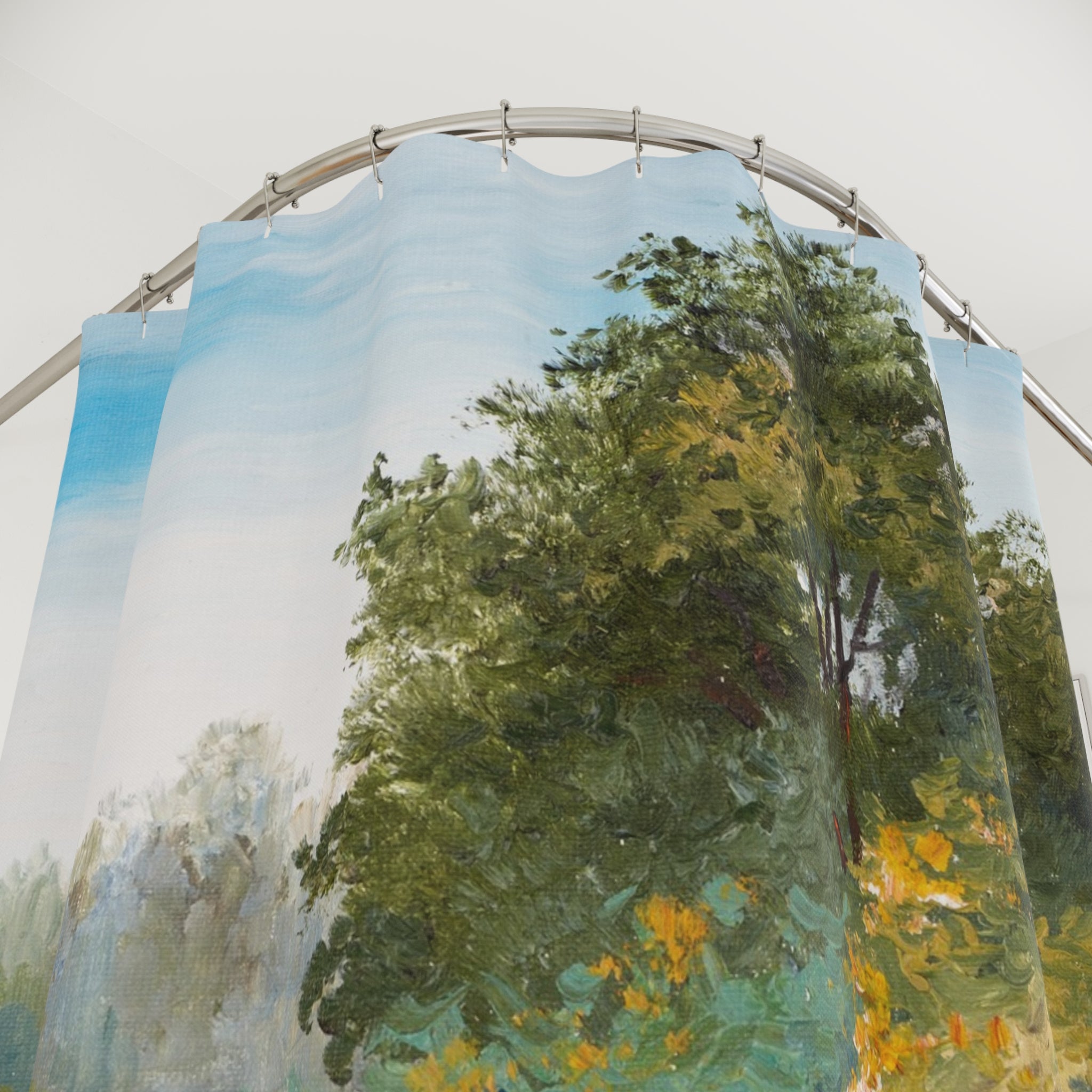 a painting of trees and foliage, with a blue sky in the background.