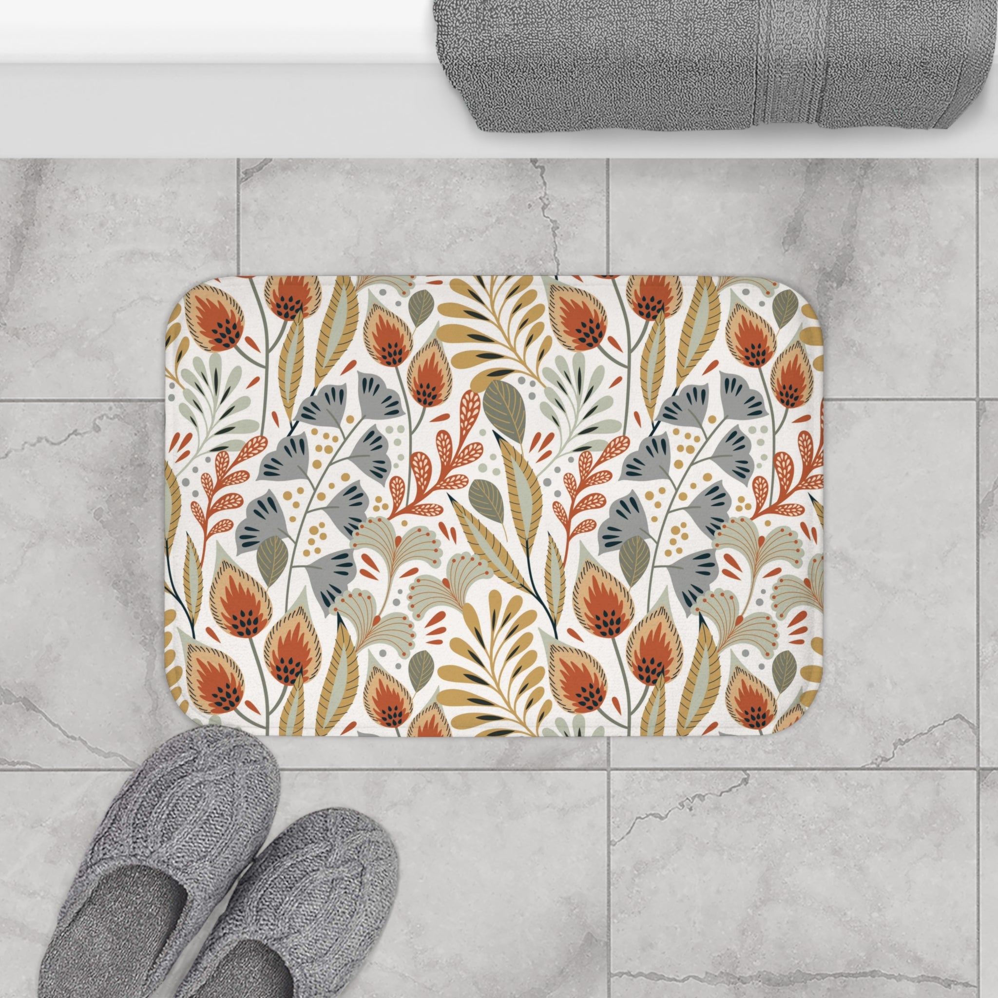 Tribal Floral Bath Mat | Muted Neutral Earthy White Kitchen Mat