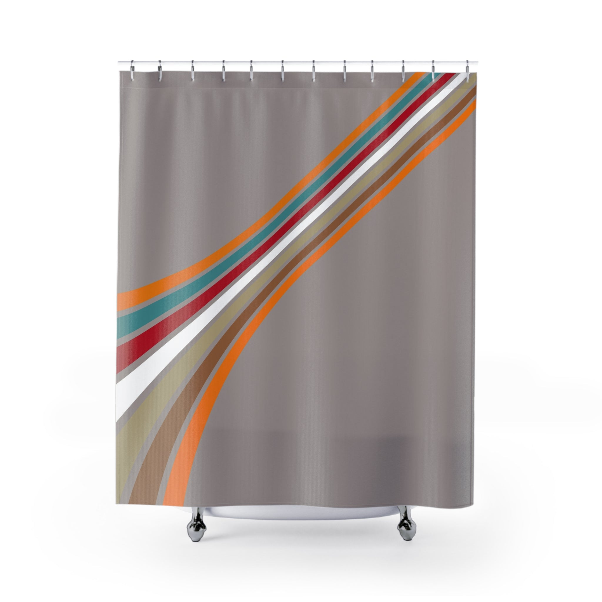 a gray shower curtain with a multicolored design